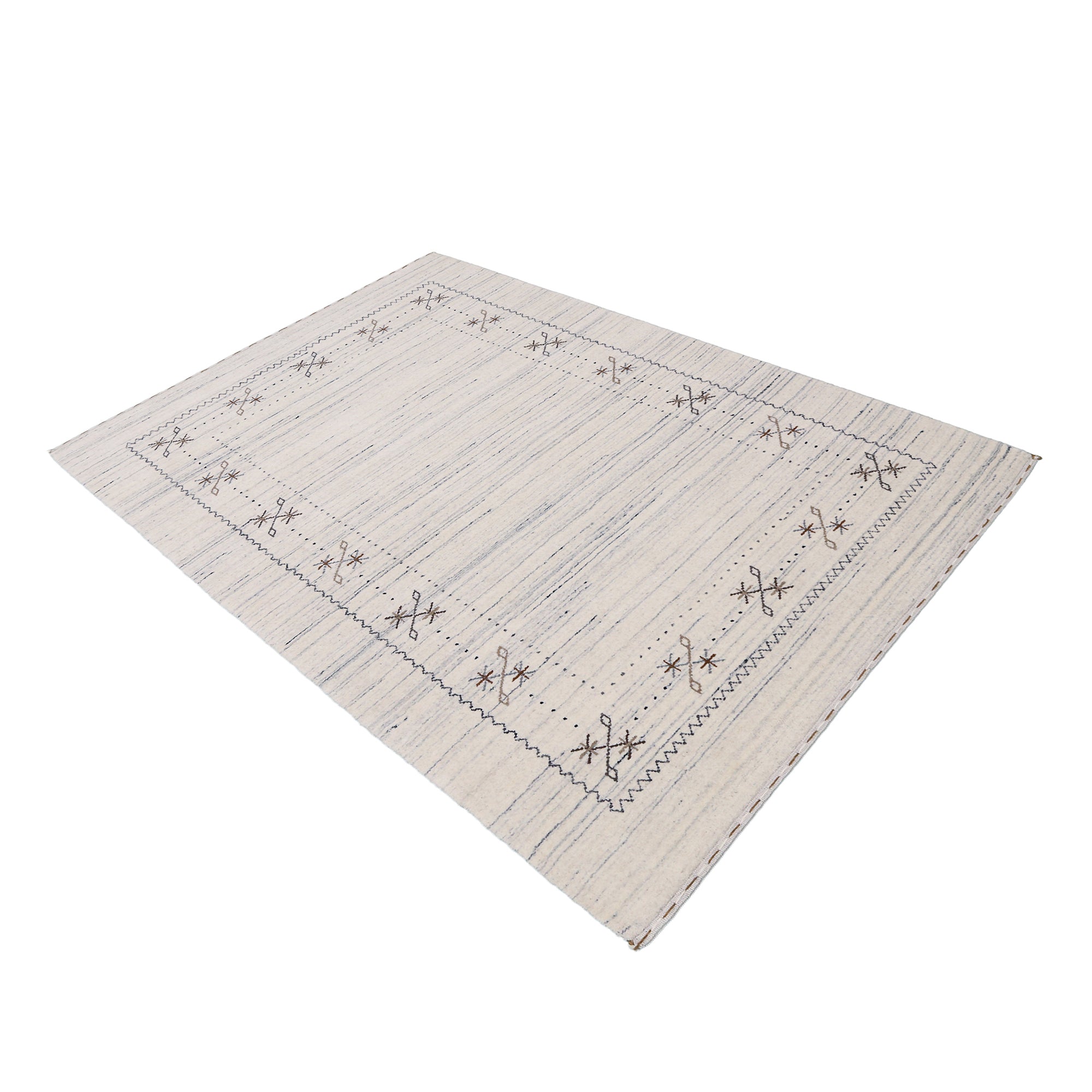 Side angle view of ivory Hand Woven Loom Lori wool rug highlighting natural wool texture, minimal border pattern and handmade finish