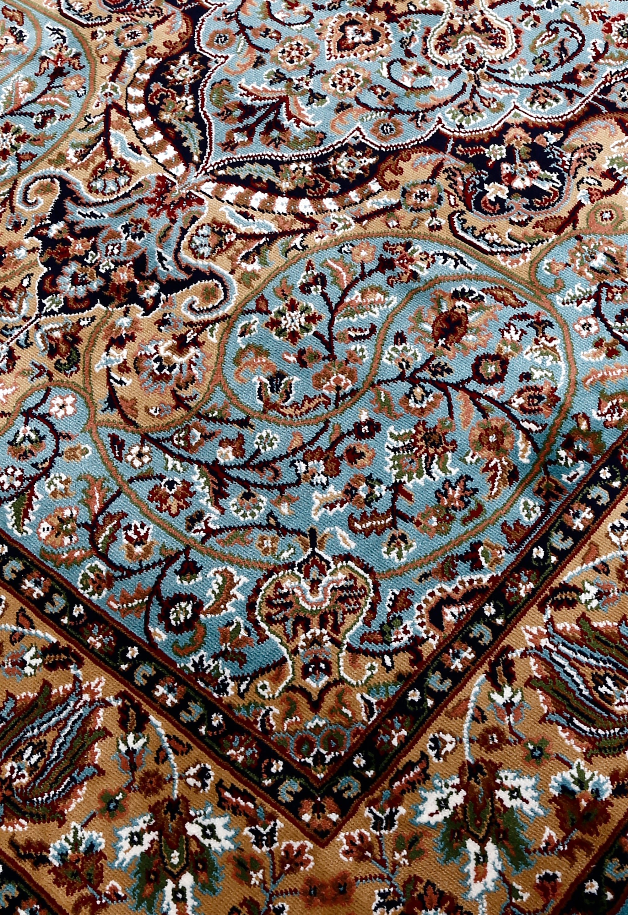 Close-up texture of Sky Blue Machine Woven Classic Art Silk Rug showing intricate floral motifs and smooth Art Silk surface