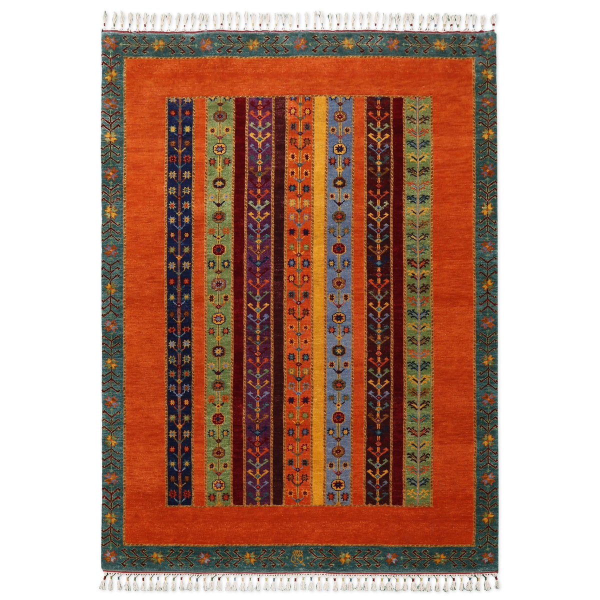 Orange Multicolor Striped Hand Knotted Wool Sal Rug