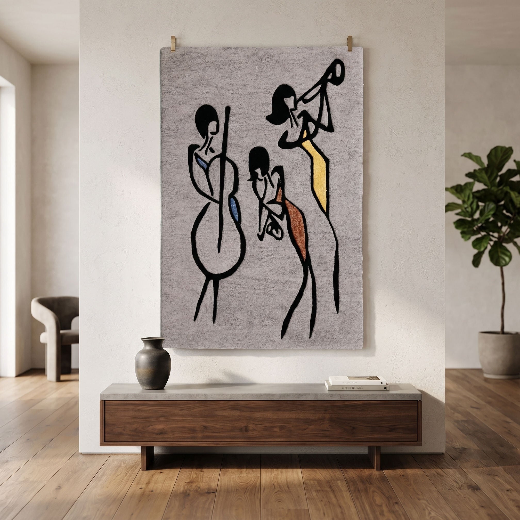 Grey Jazz Trio Musicians Hand Tufted Wool Wall Rug