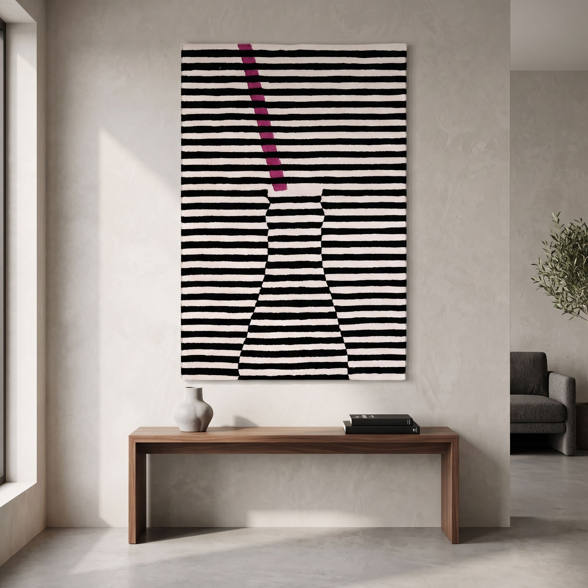 Pink Accent Striped Vase Hand Tufted Wool Wall Rug