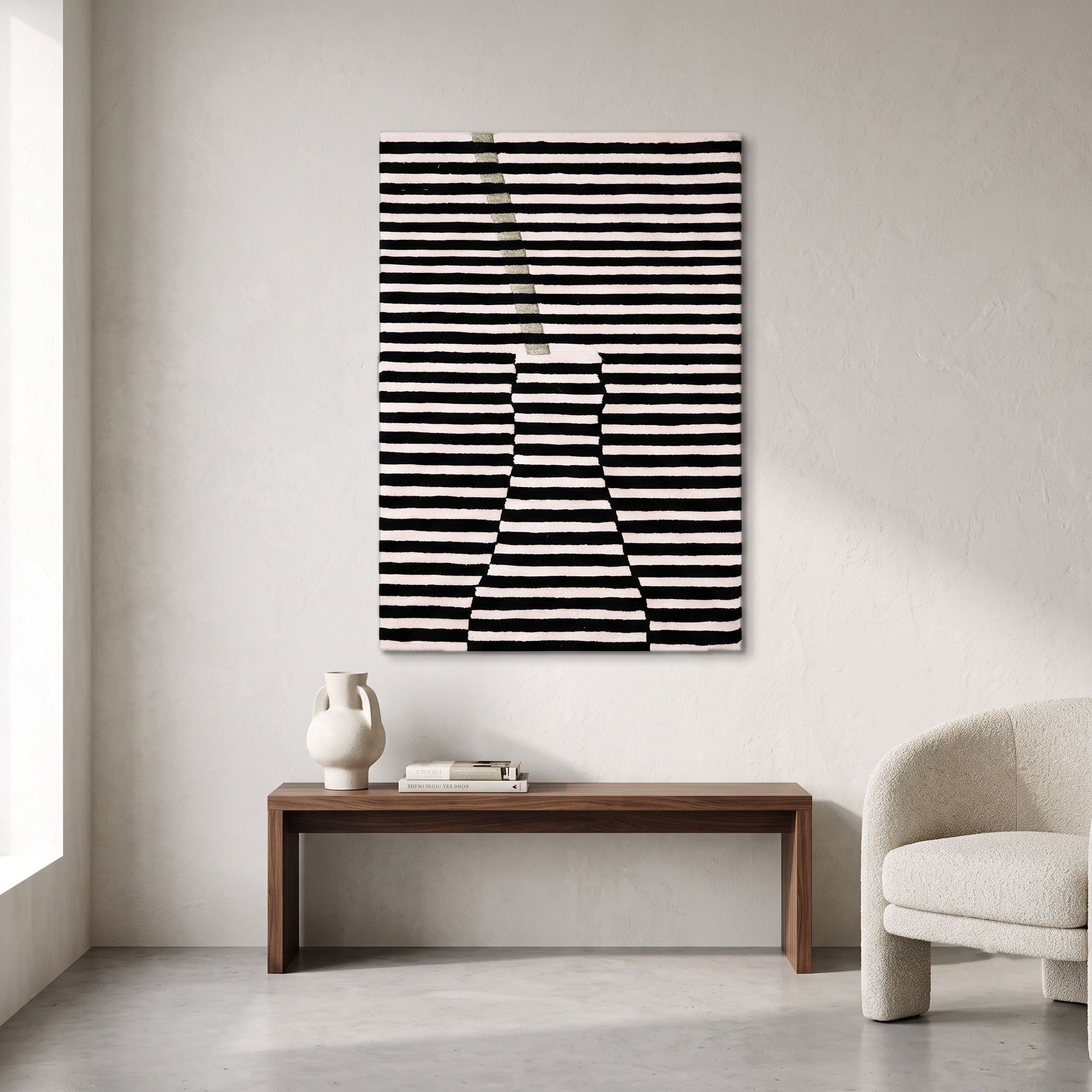 Green Accent Striped Vase Hand Tufted Wool Wall Rug