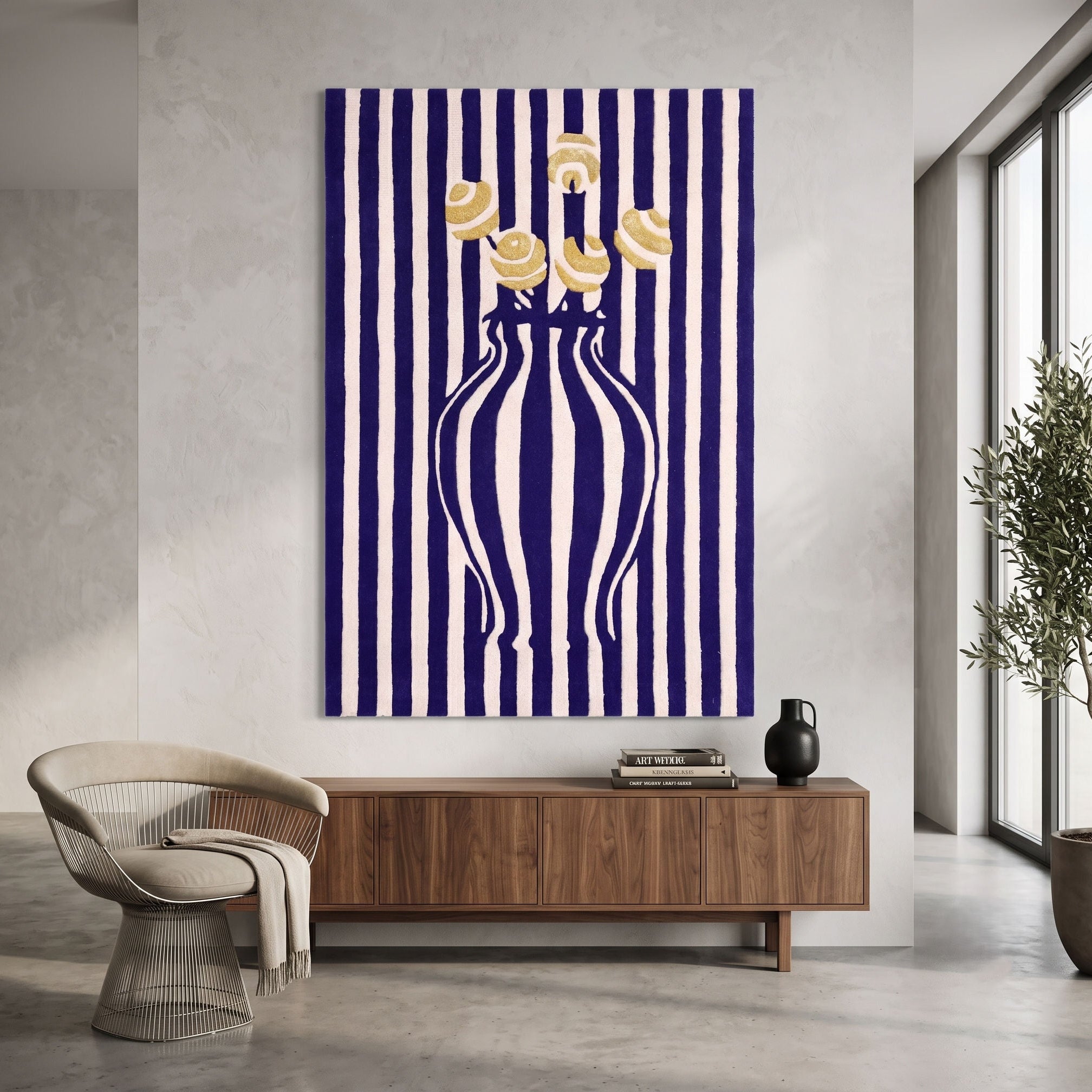 Blue Striped Vase Hand Tufted Wool Wall Rug