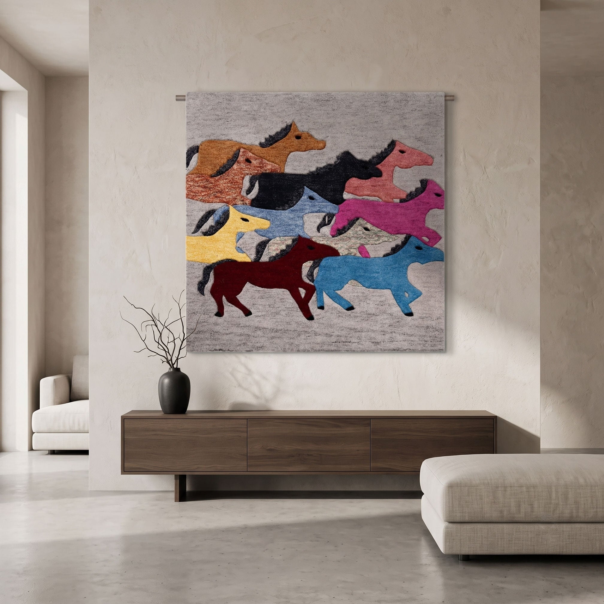 Colorful Running Horses Hand Tufted Wool Wall Rug