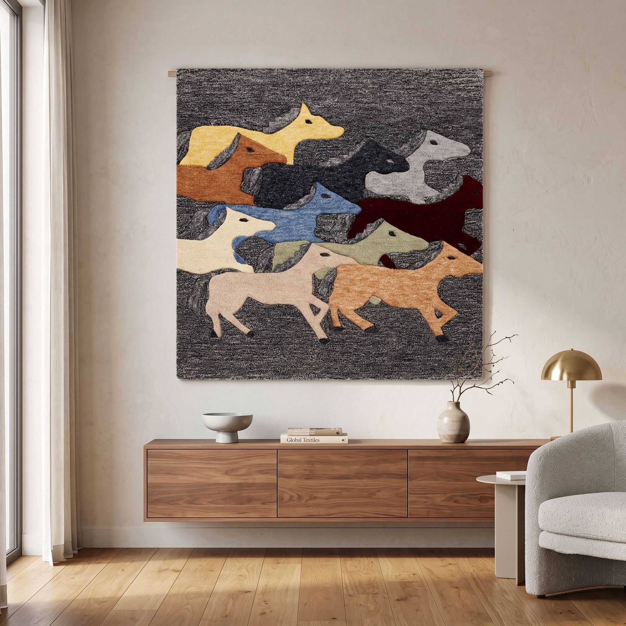 Multicolor Galloping Horses Hand Tufted Wool Wall Rug