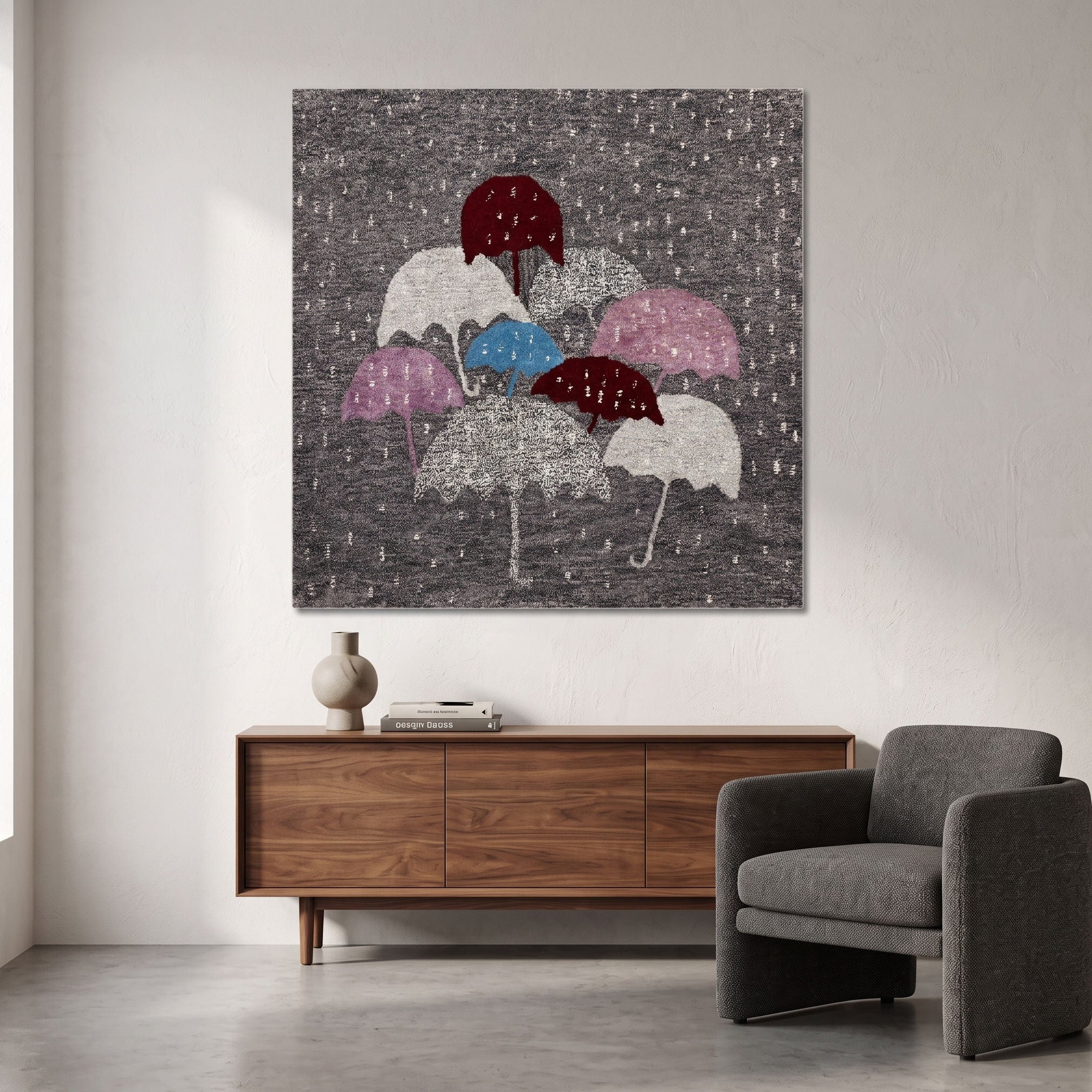 Colorful Rain Umbrellas Hand Tufted Wool Viscose Wall Rug