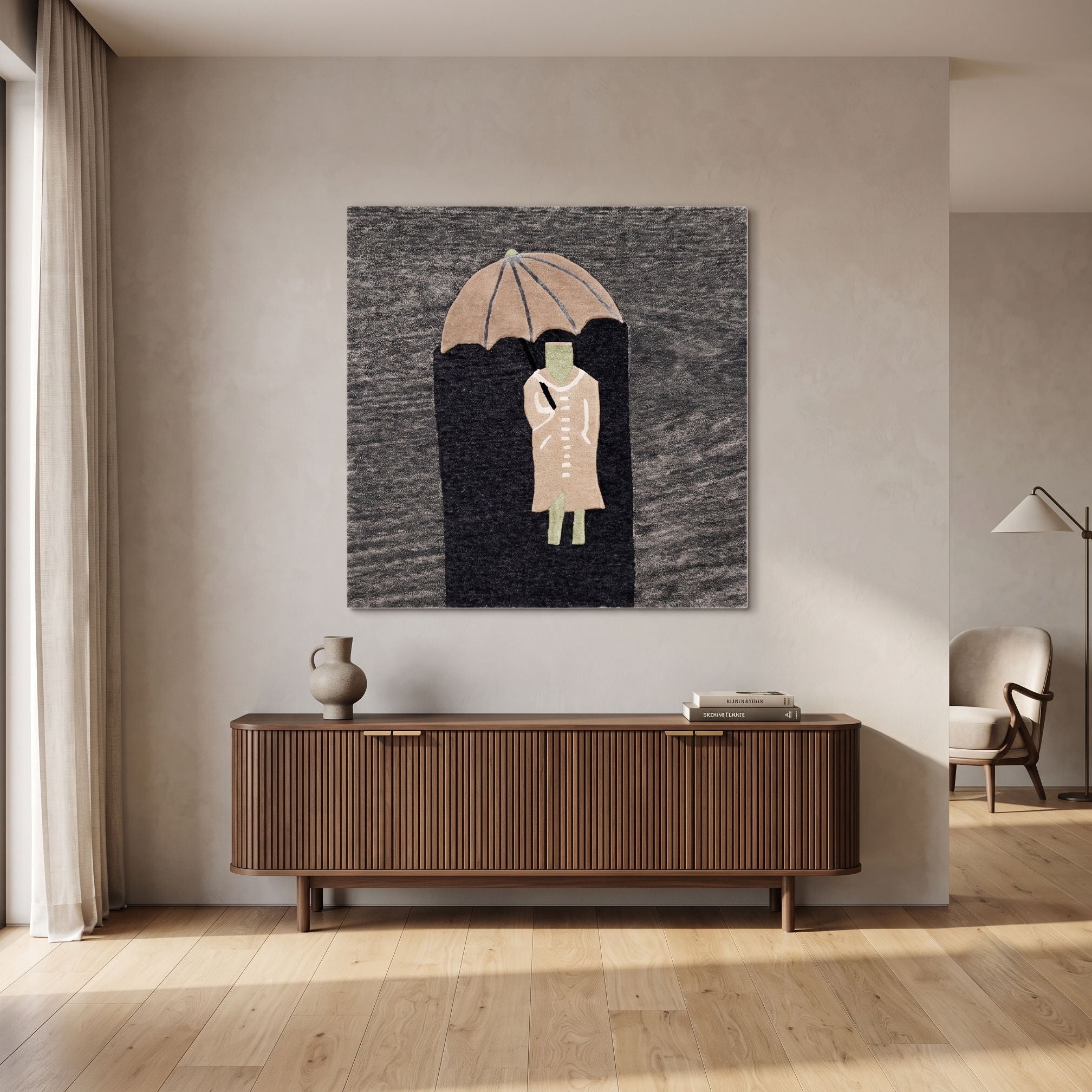 Minimalist Figure Under Umbrella Hand Tufted Wool Wall Rug