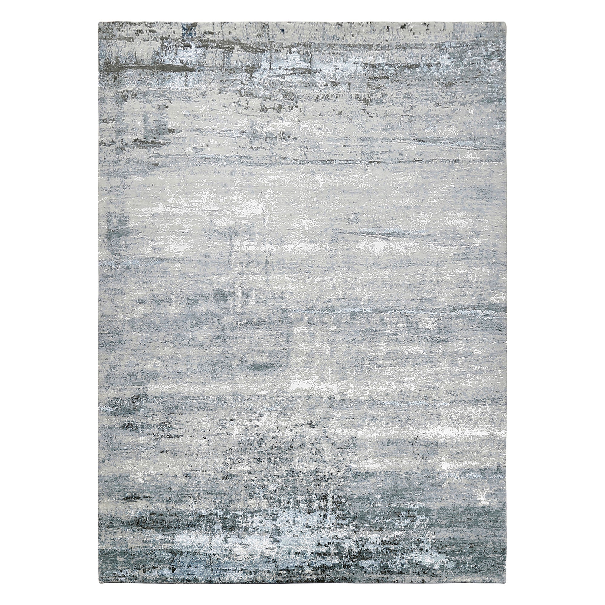 Arctic Drift hand knotted modern rug in silver grey ivory icy blue and charcoal abstract distressed design