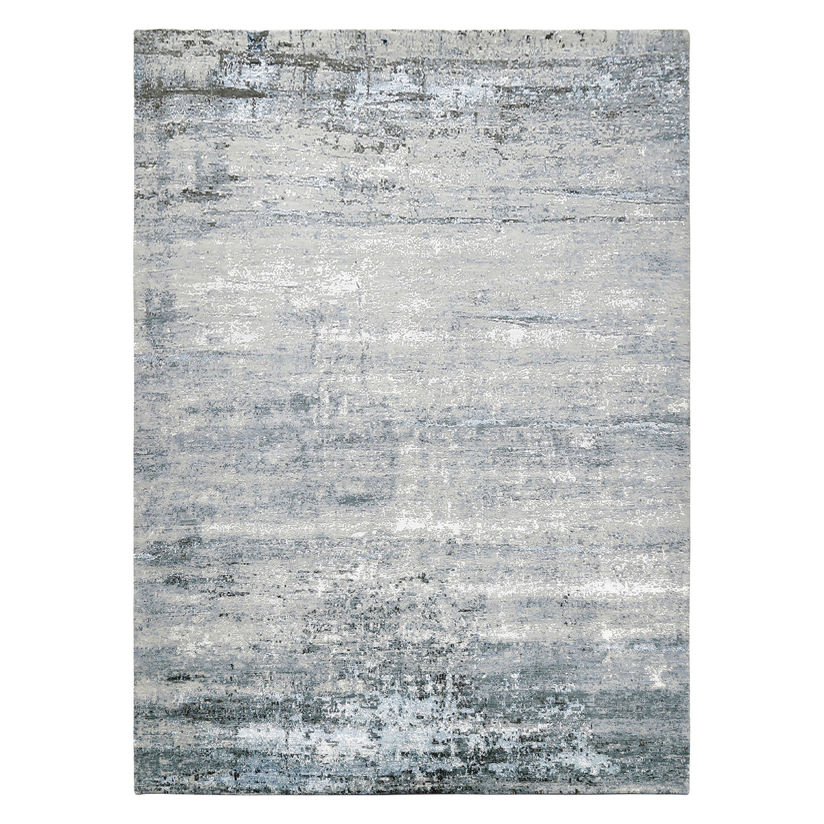 Arctic Drift hand knotted modern rug in silver grey ivory icy blue and charcoal abstract distressed design