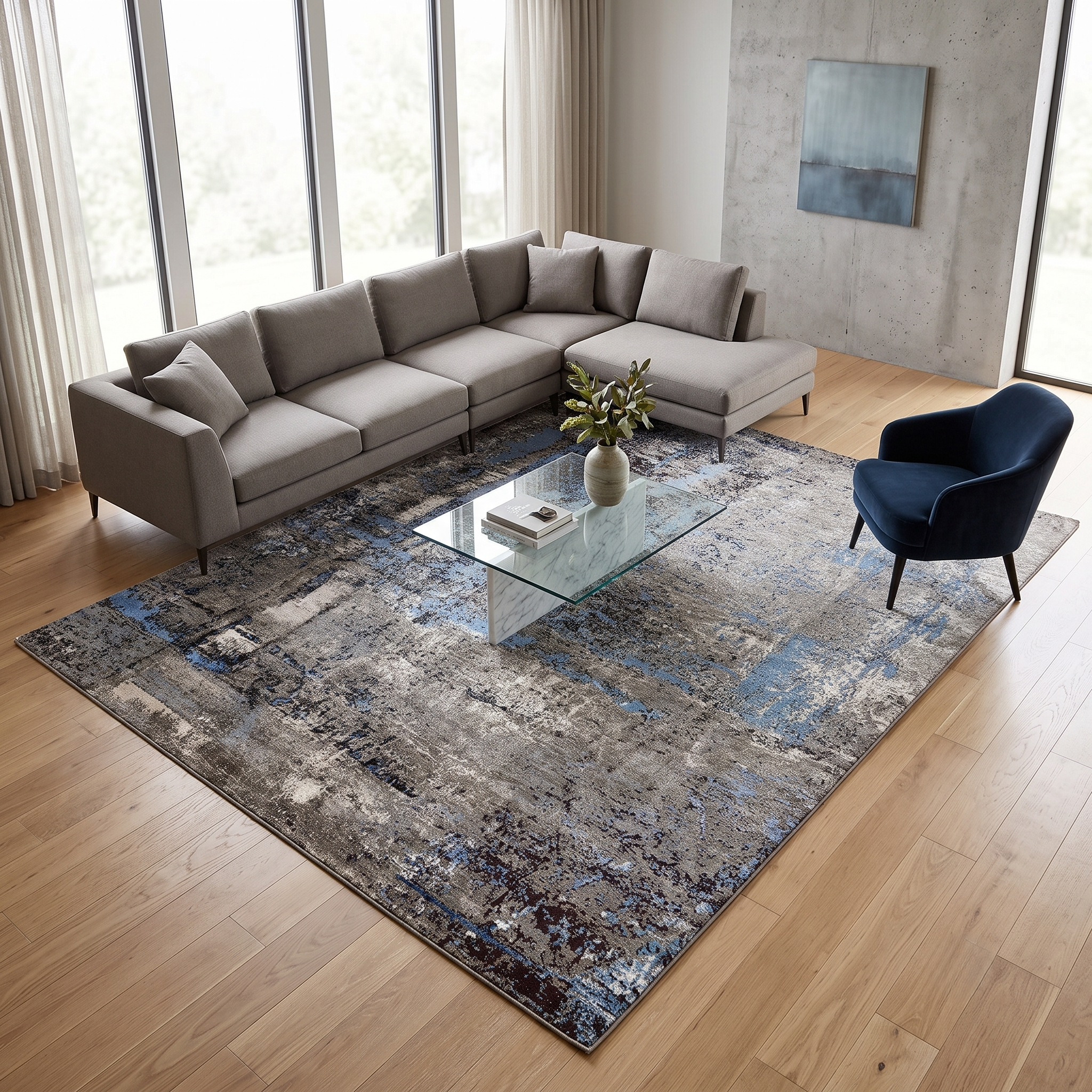 Azure Terrain hand knotted modern wool and viscose rug displayed in a contemporary living room