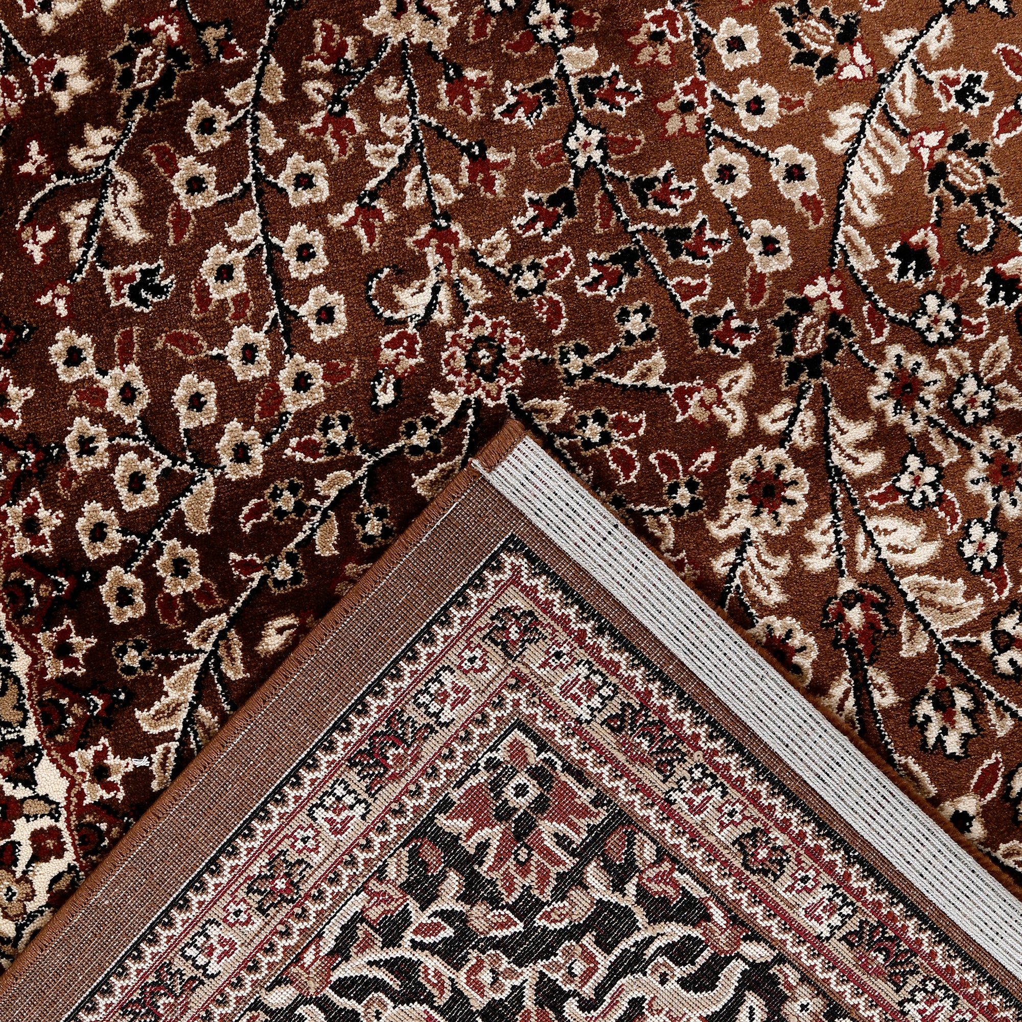 Corner and edge detail of Beige Brown Floral Medallion Machine Woven Classic Art Silk Rug with layered ornamental border