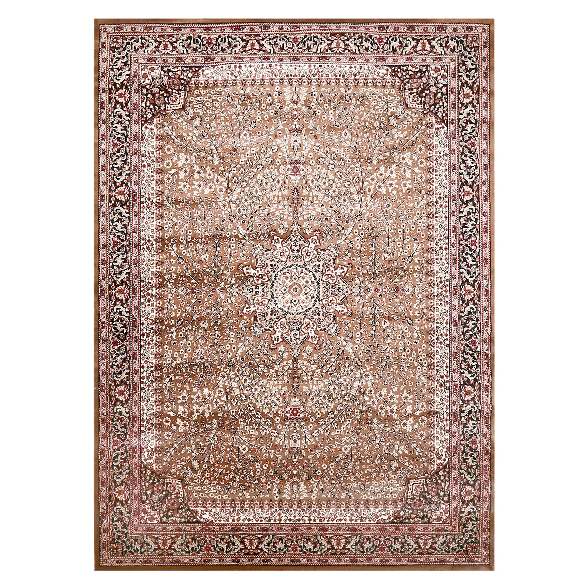 Full view of Beige Brown Machine Woven Classic Art Silk Rug with floral medallion design and ornamental border