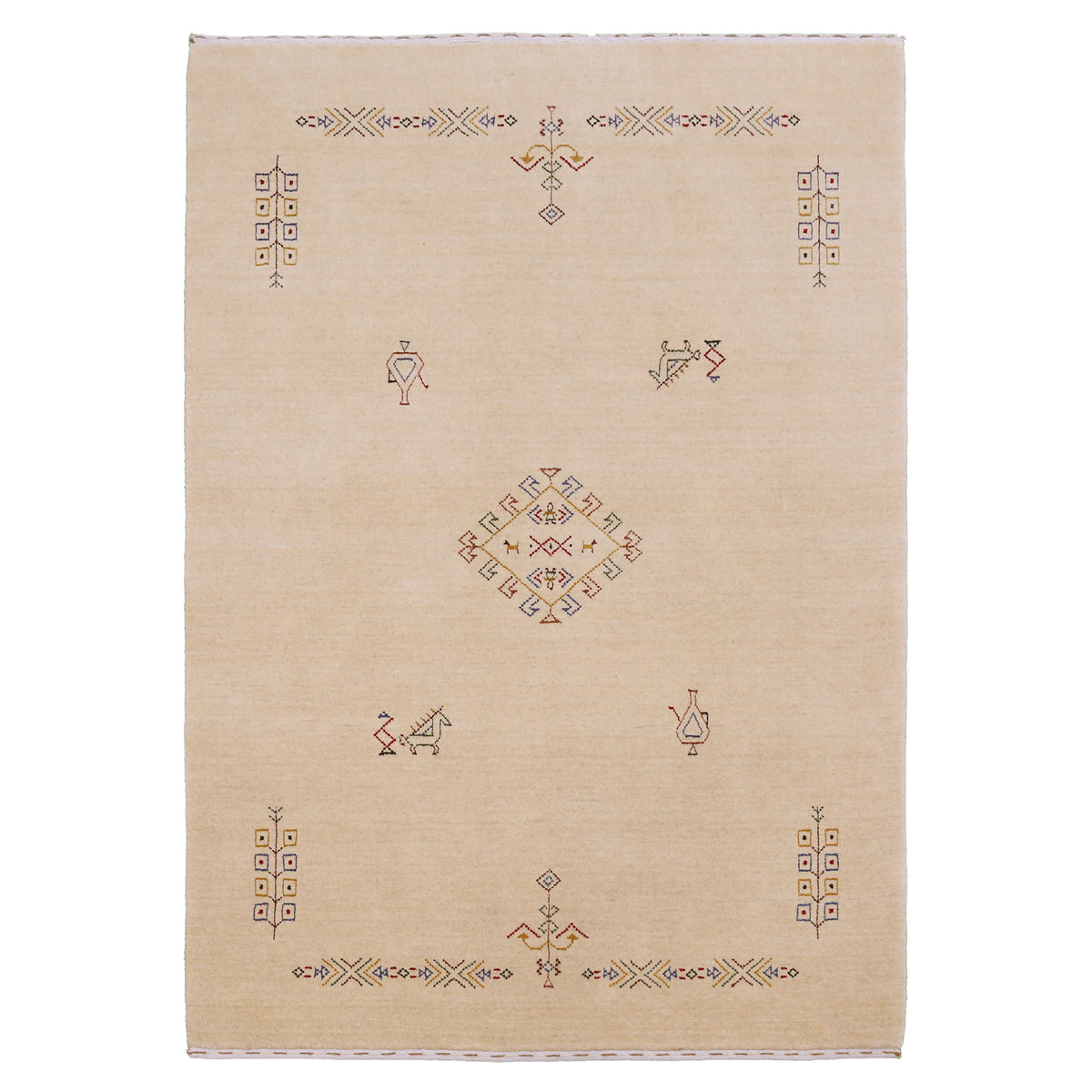 Full view of beige Hand Woven Loom Lori wool rug with tribal geometric bands and central diamond medallion