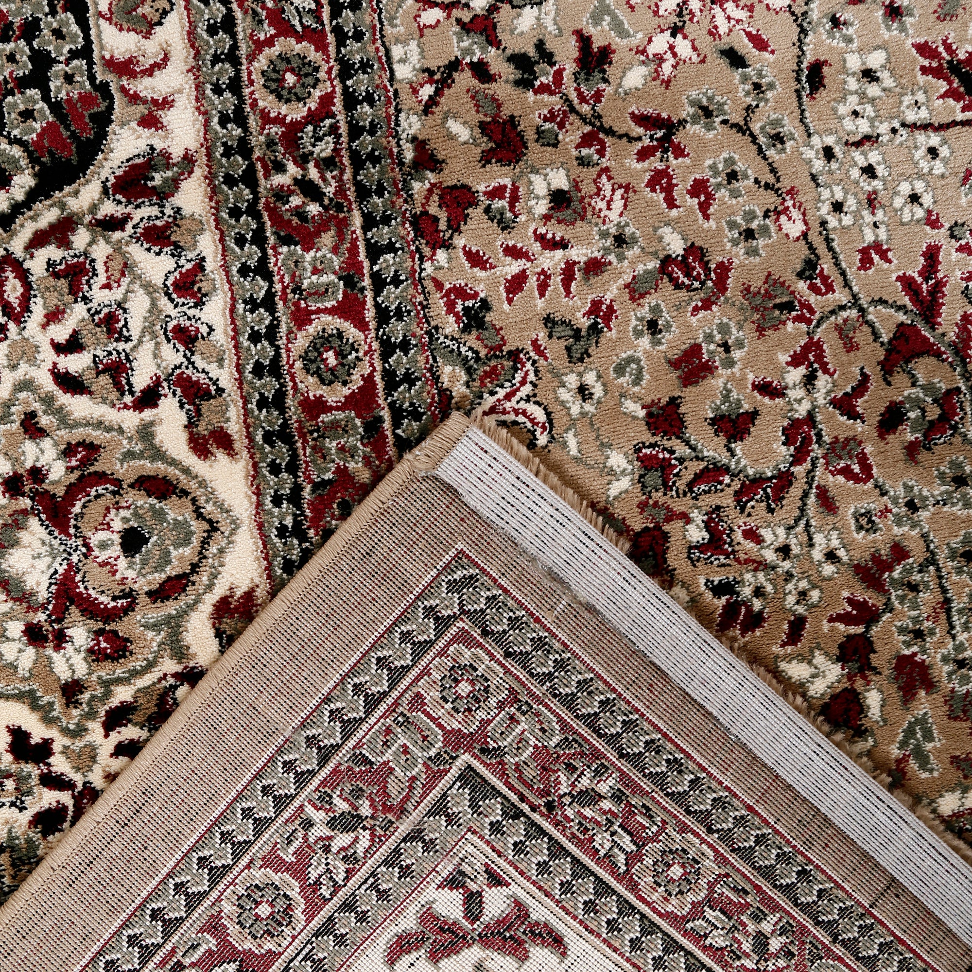 Corner and edge detail of Beige Floral Medallion Machine Woven Classic Art Silk Rug with ivory ornamental border