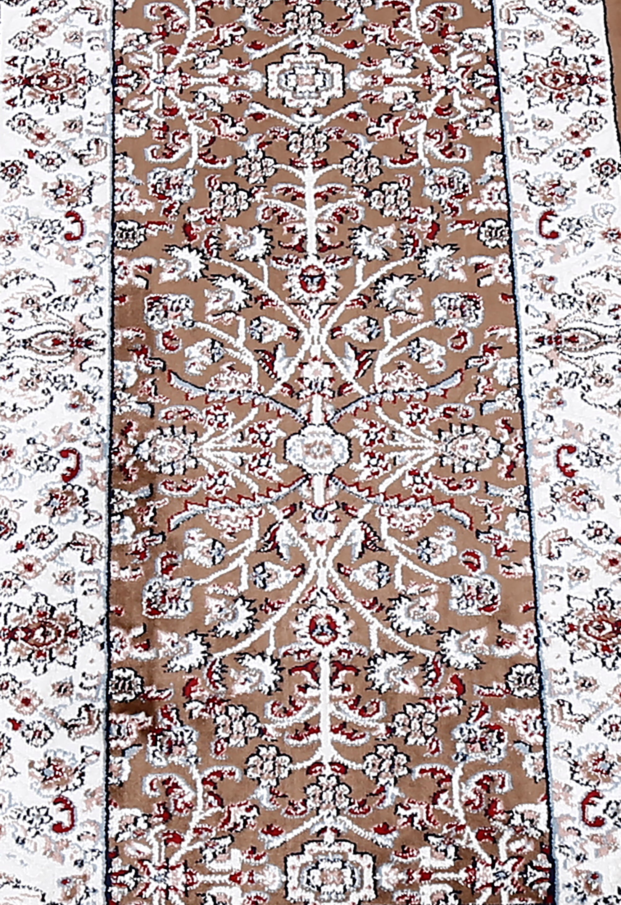 Close-up texture of Beige Machine Woven Classic Art Silk Runner Rug showing floral vine motifs and smooth Art Silk surface