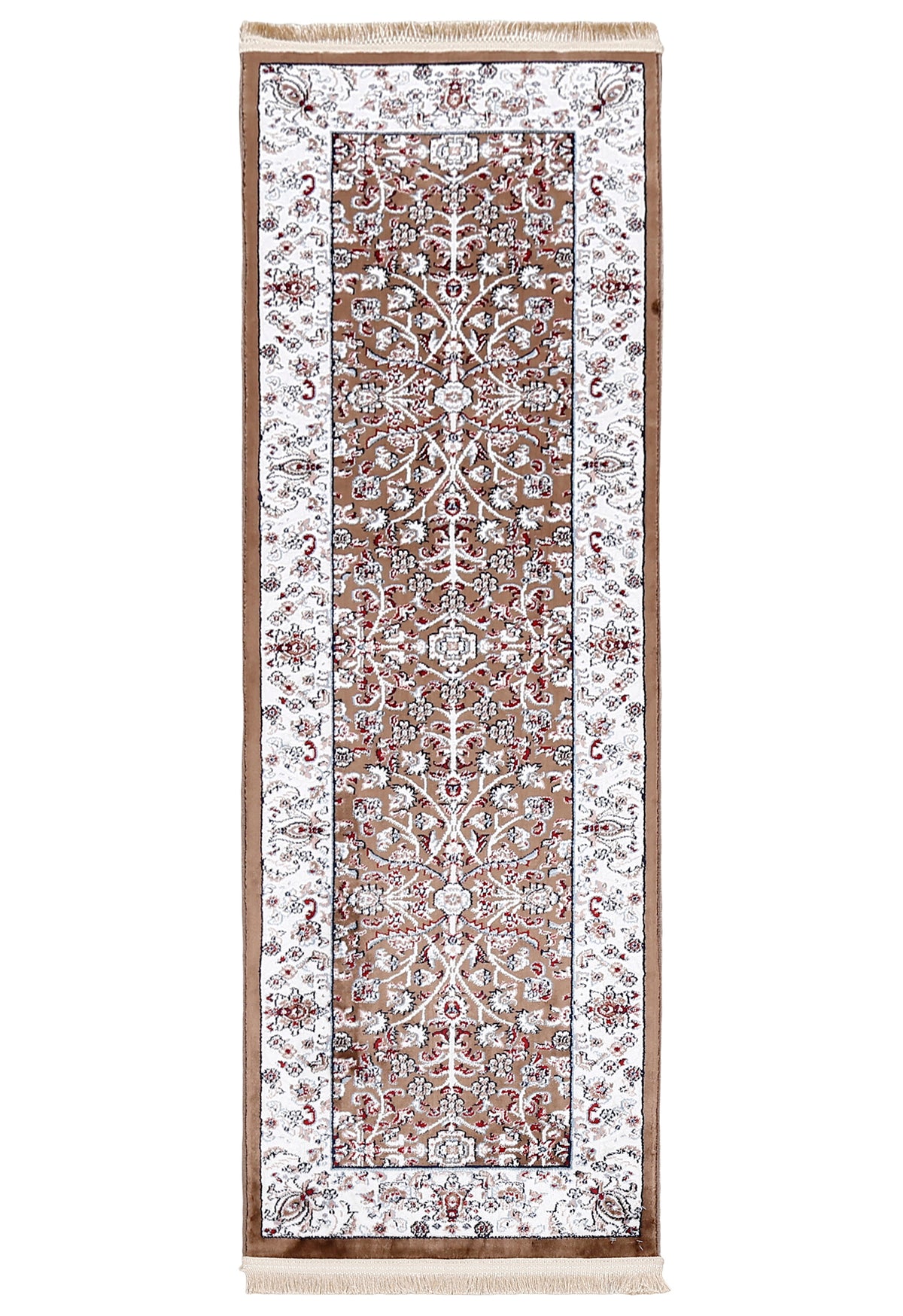 Full view of Beige Machine Woven Classic Art Silk Runner Rug with symmetrical floral vines and ivory ornamental border