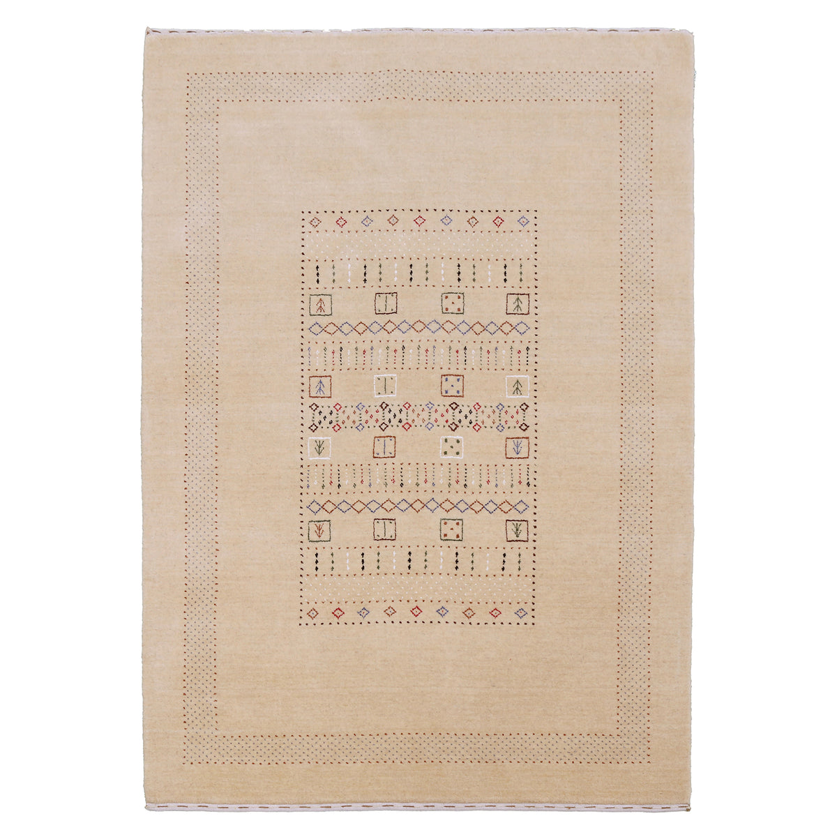 Full view of beige Hand Woven Loom Lori wool rug with multicolour tribal geometric motifs and decorative dotted border