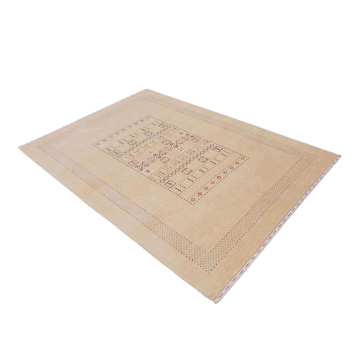 Side angle view of beige Hand Woven Loom Lori wool rug highlighting natural wool texture, tribal geometric pattern and handmade finish