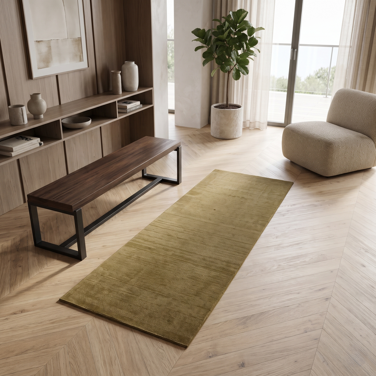 Beige Hand Woven Loom Lori wool runner rug styled in a modern hallway with wooden flooring, neutral furniture and natural light.