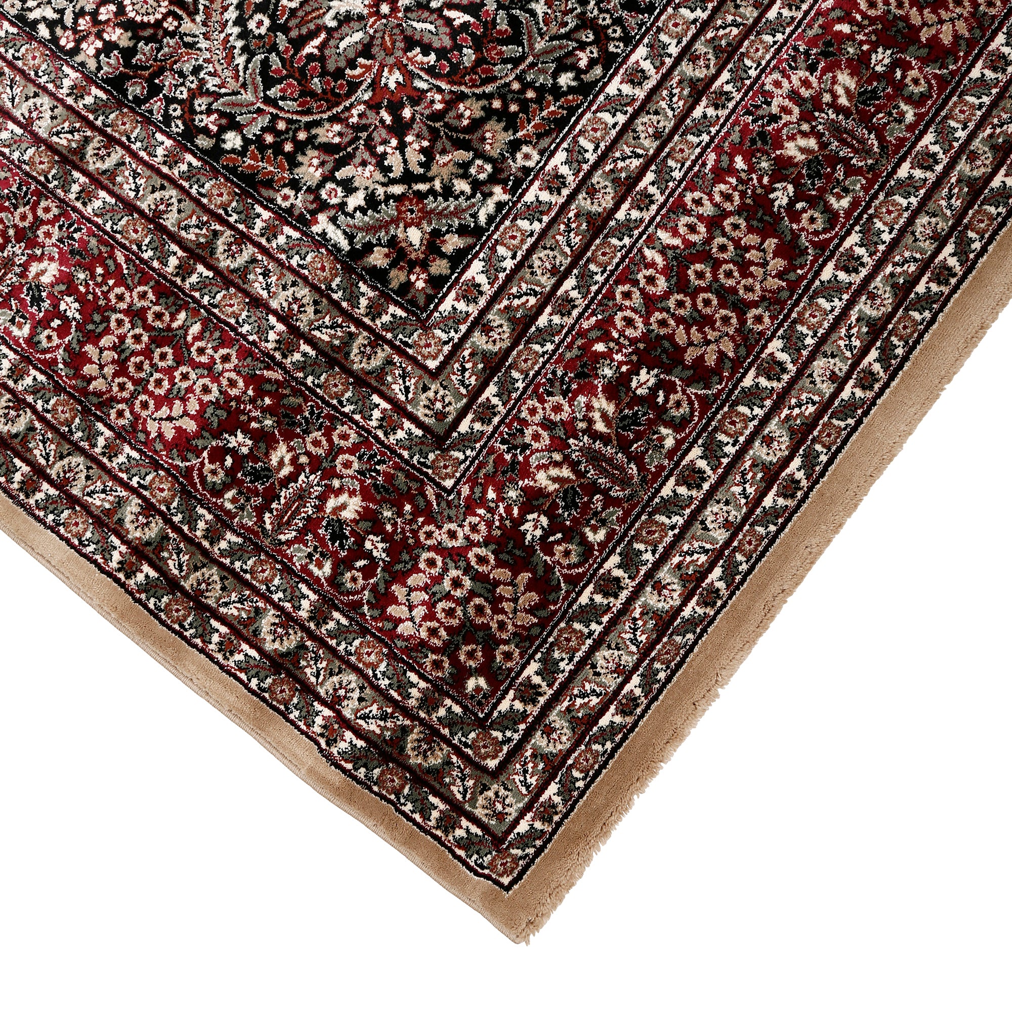 Corner and edge detail of Beige Red Medallion Machine Woven Classic Art Silk Rug with floral border