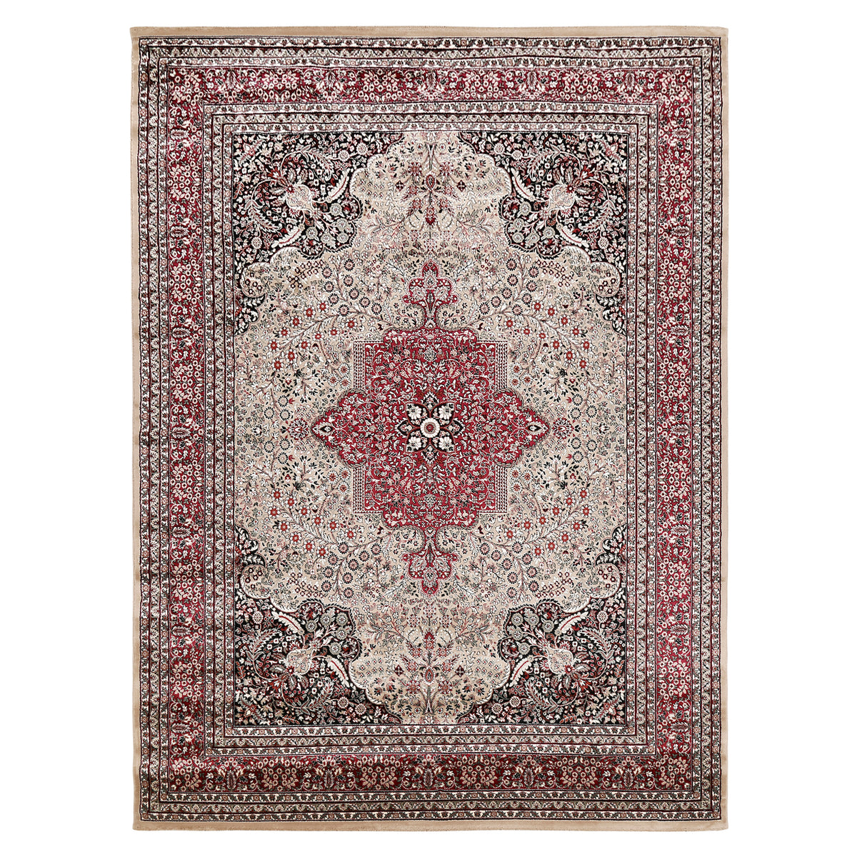 Full view of Beige Machine Woven Classic Art Silk Rug with rich red floral medallion and layered ornamental borders