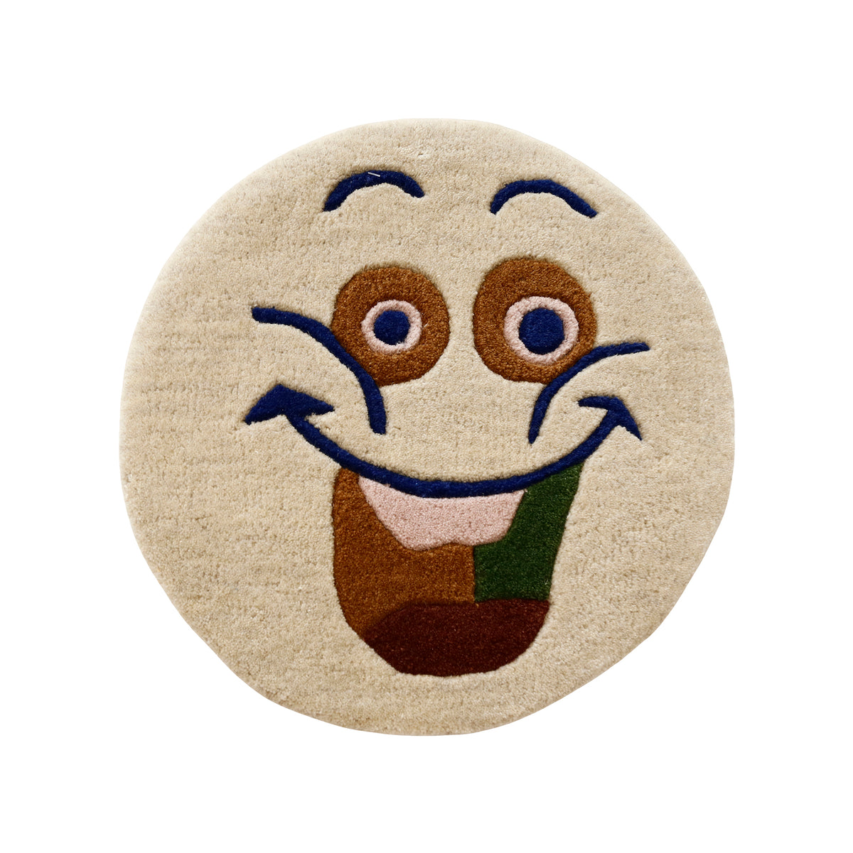 Full view of beige round hand tufted wool kids rug featuring a cheerful smiley face with navy blue, brown, green and rust details.