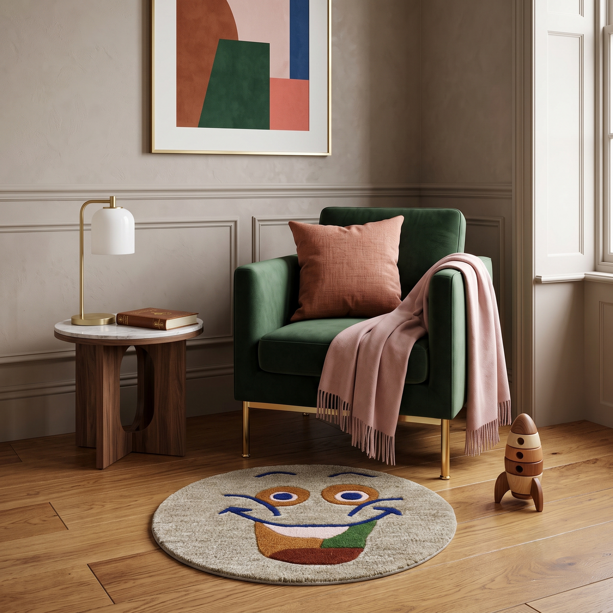 Beige smiley face hand tufted wool kids rug styled in a playful children's bedroom with modern furniture and colourful decor.