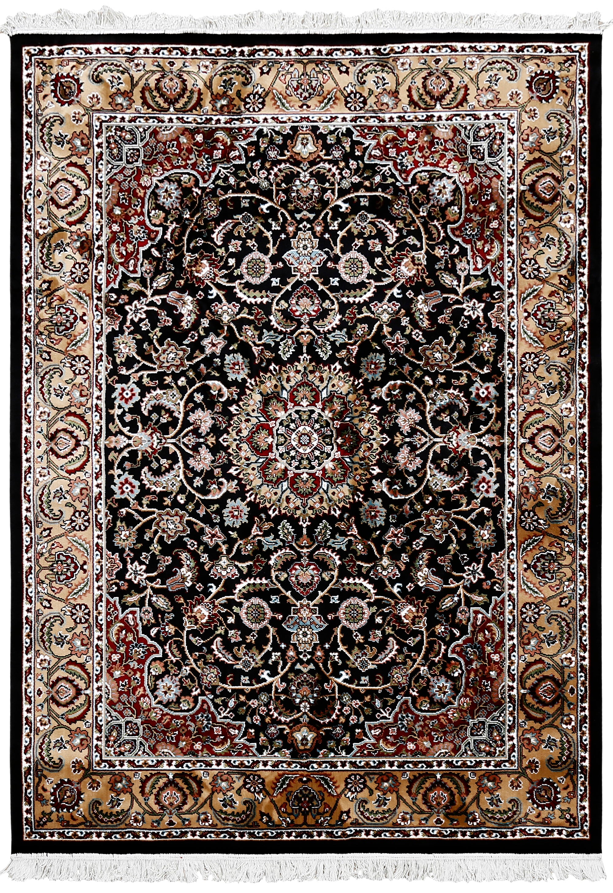 Full view of Black Machine Woven Classic Art Silk Rug with red accents and beige floral border