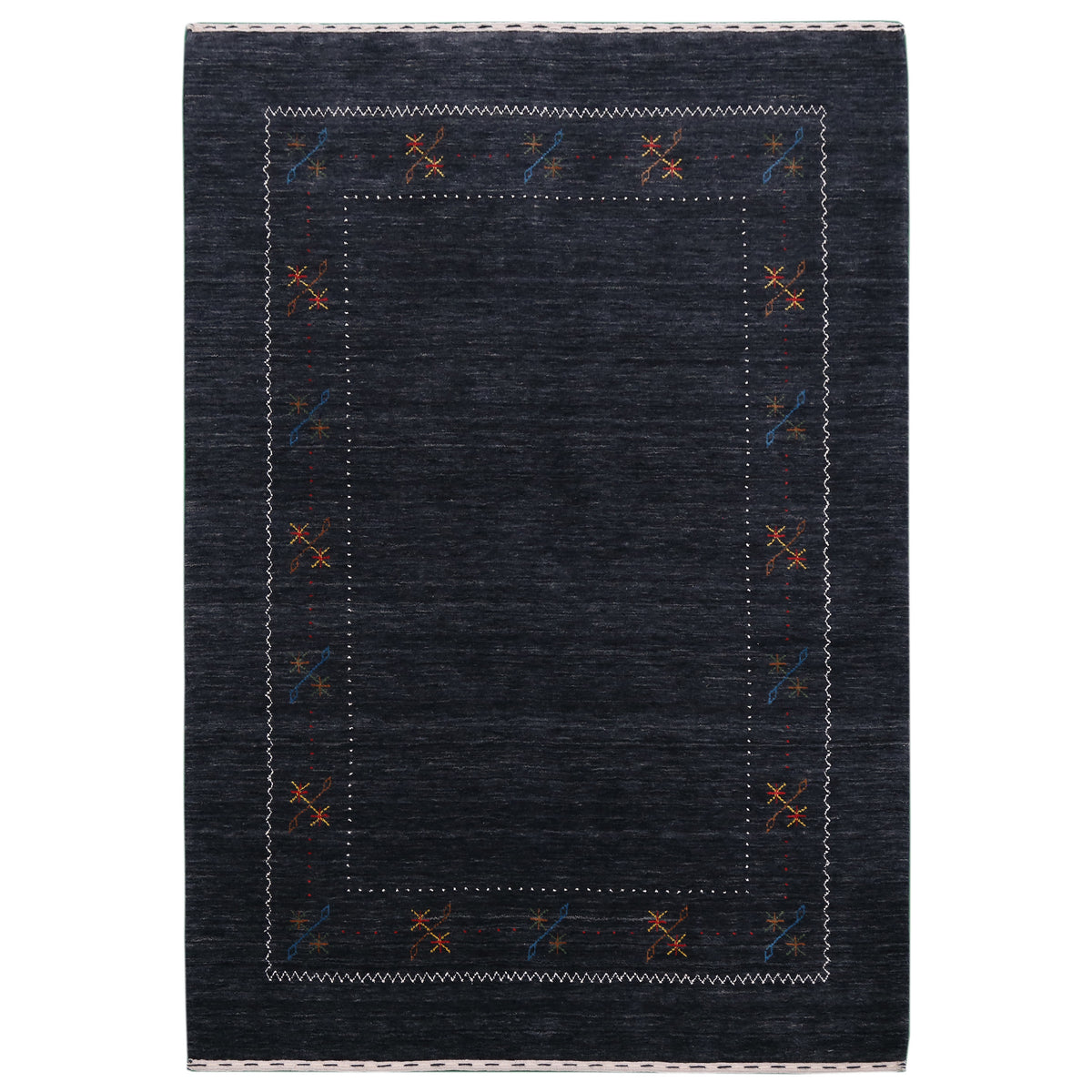 Full view of black Hand Woven Loom Lori wool rug with multicolour floral motifs and delicate geometric border