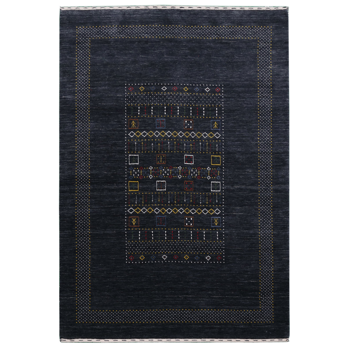 Full view of black Hand Woven Loom Lori wool rug with multicolour tribal geometric motifs and decorative dotted border