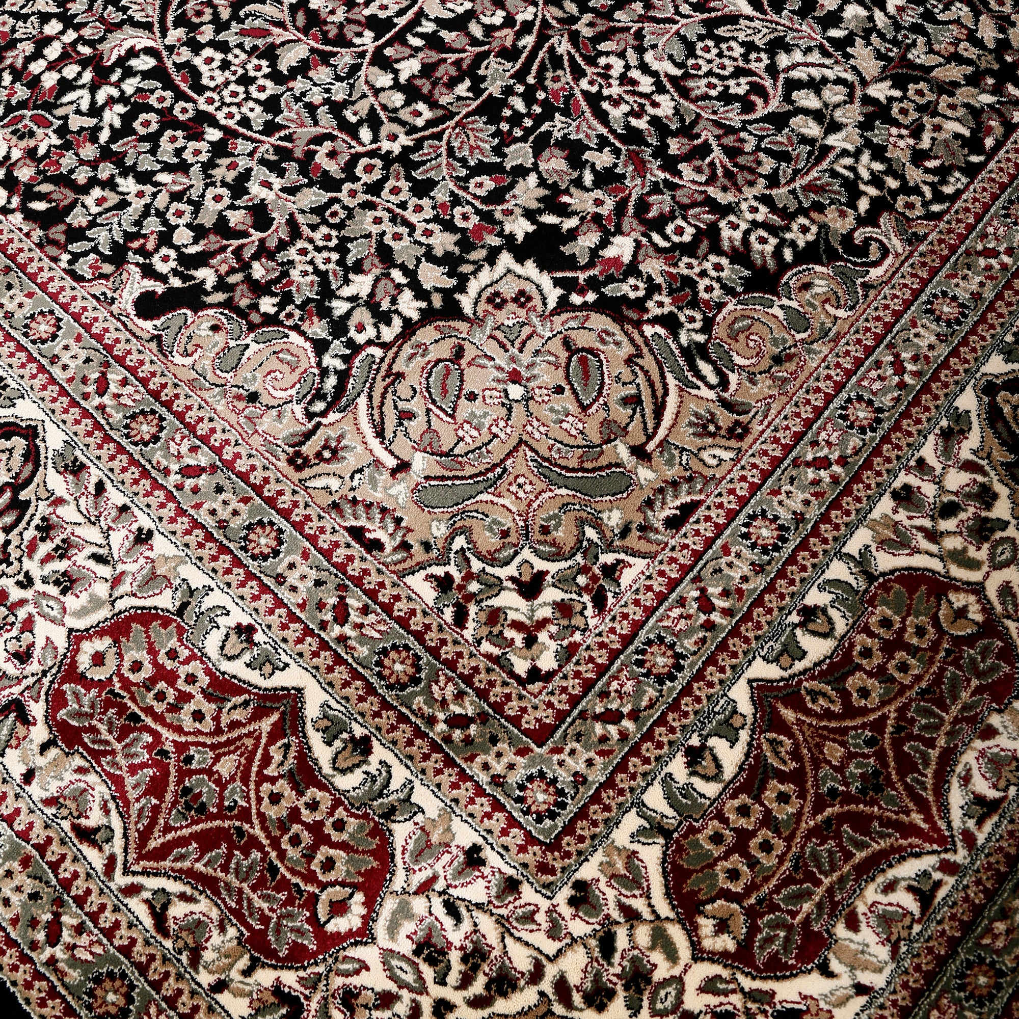 Close-up texture of Black Machine Woven Classic Art Silk Rug showing intricate floral motifs and smooth Art Silk surface