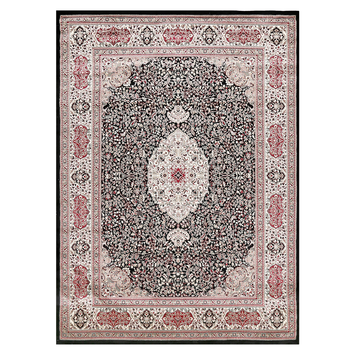Full view of Black Machine Woven Classic Art Silk Rug with ivory floral medallion and red ornamental accents