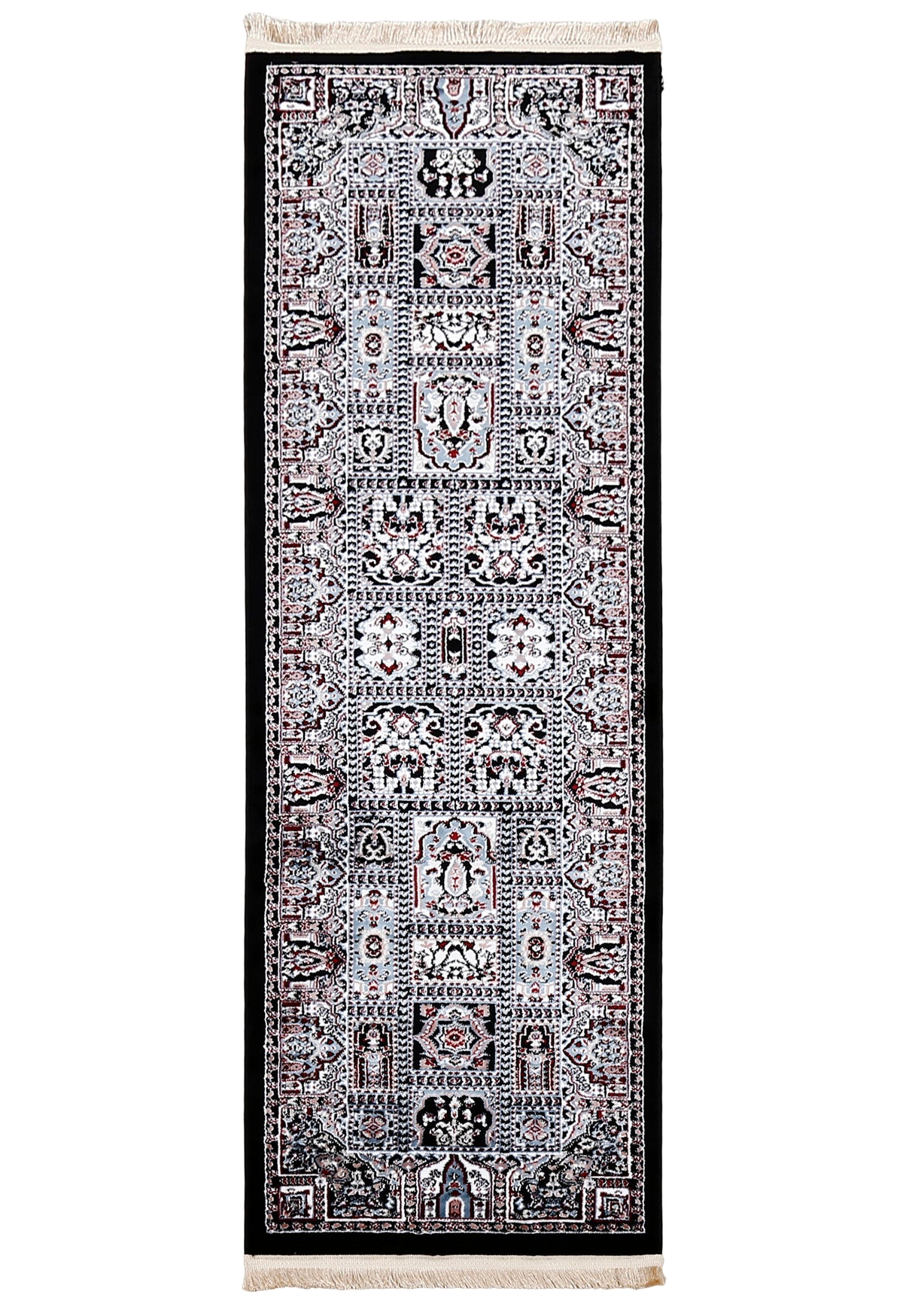 Full view of Black Machine Woven Classic Art Silk Runner Rug with light blue panels and floral geometric motifs