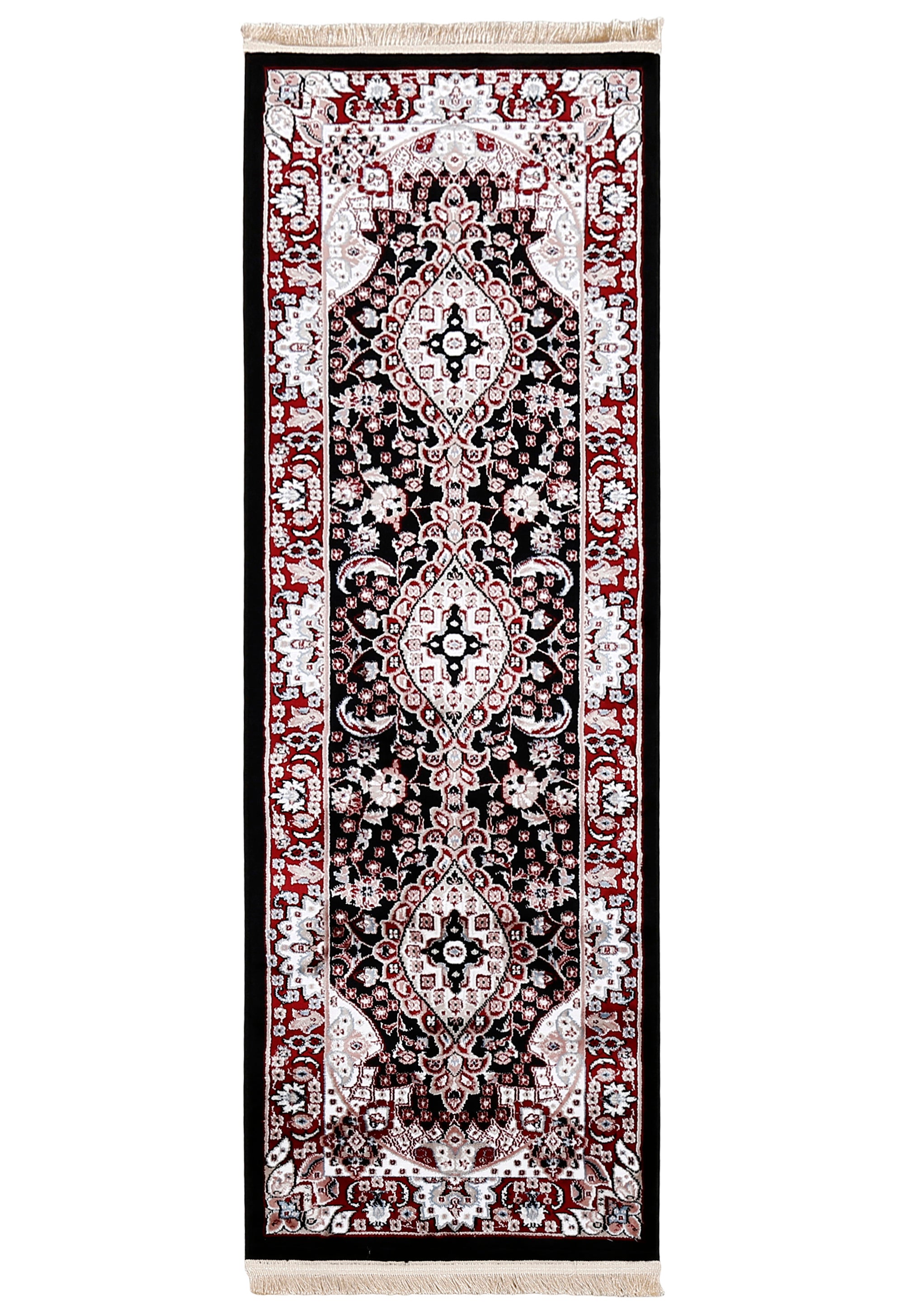 Full view of Black Machine Woven Classic Art Silk Runner Rug with triple ivory medallions and rich red floral border