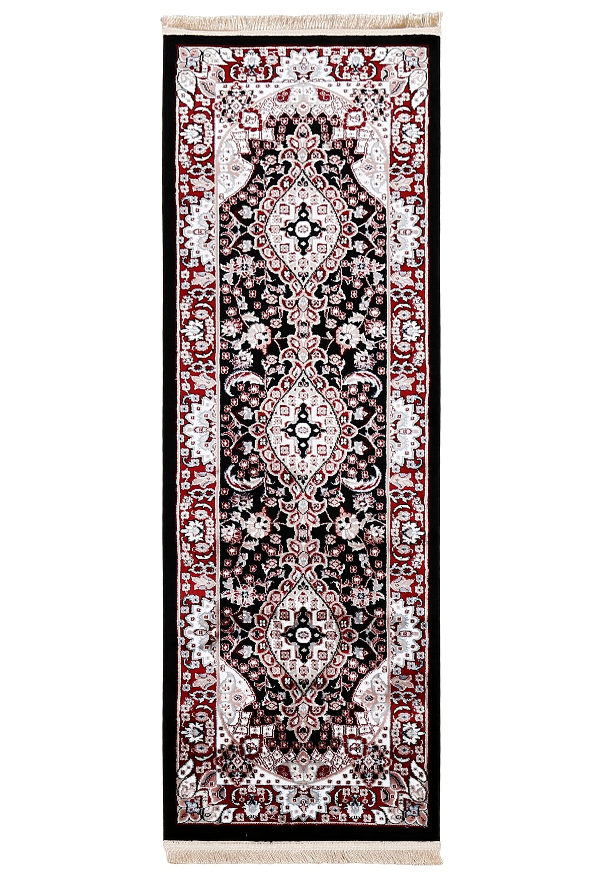 Full view of Black Machine Woven Classic Art Silk Runner Rug with triple ivory medallions and rich red floral border