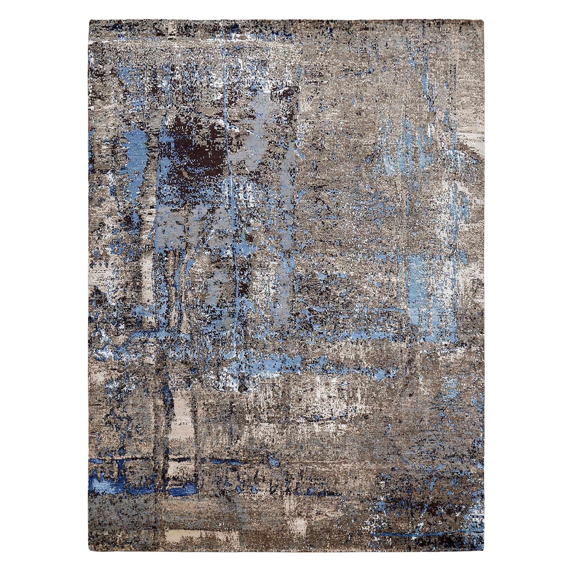 Blue Slate Terrain hand knotted modern rug in taupe beige slate blue charcoal and brown abstract distressed design