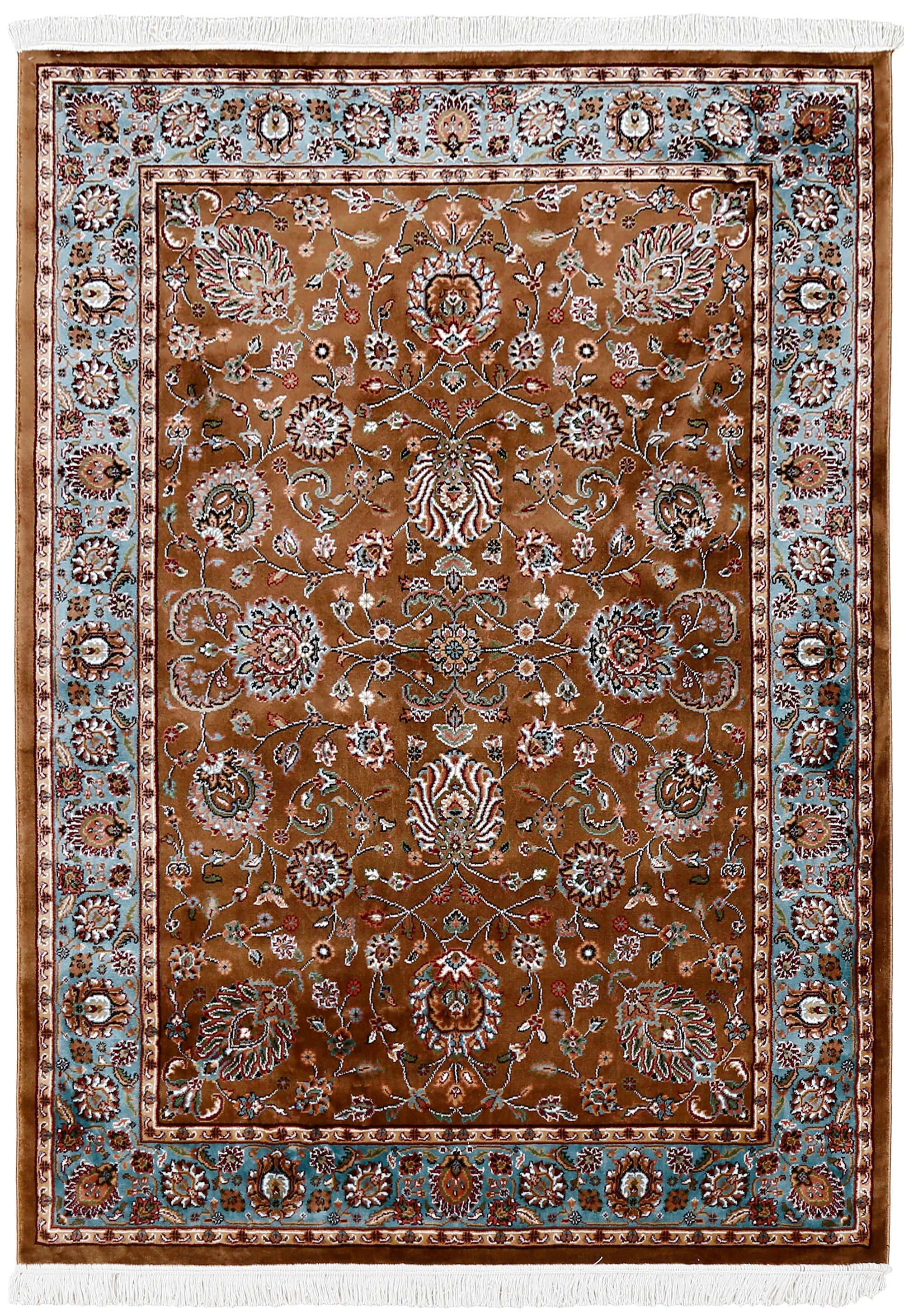 Full view of Brown Machine Woven Classic Art Silk Rug with intricate floral pattern and blue ornamental border