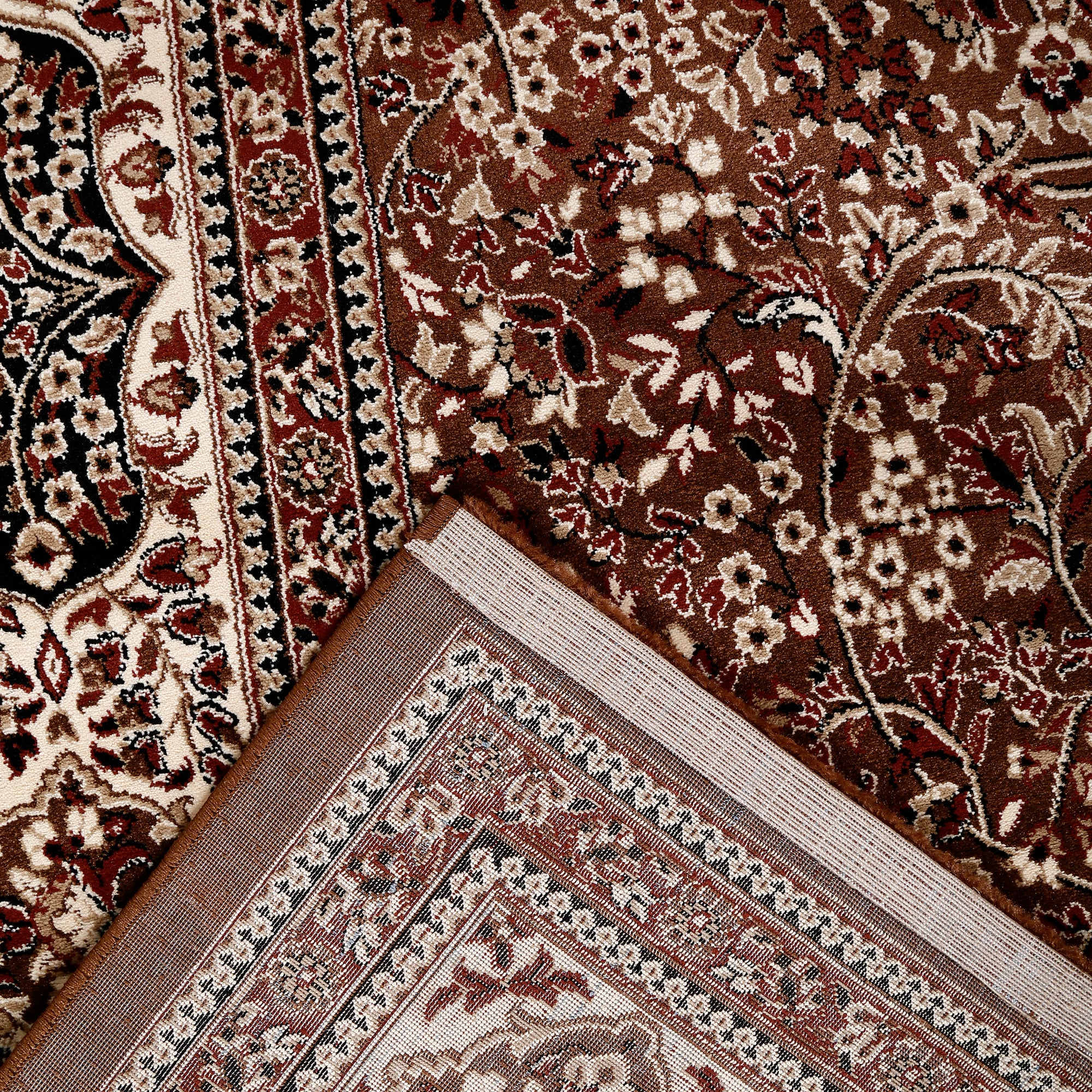 Corner and edge detail of Brown Floral Medallion Machine Woven Classic Art Silk Rug with ivory ornamental border