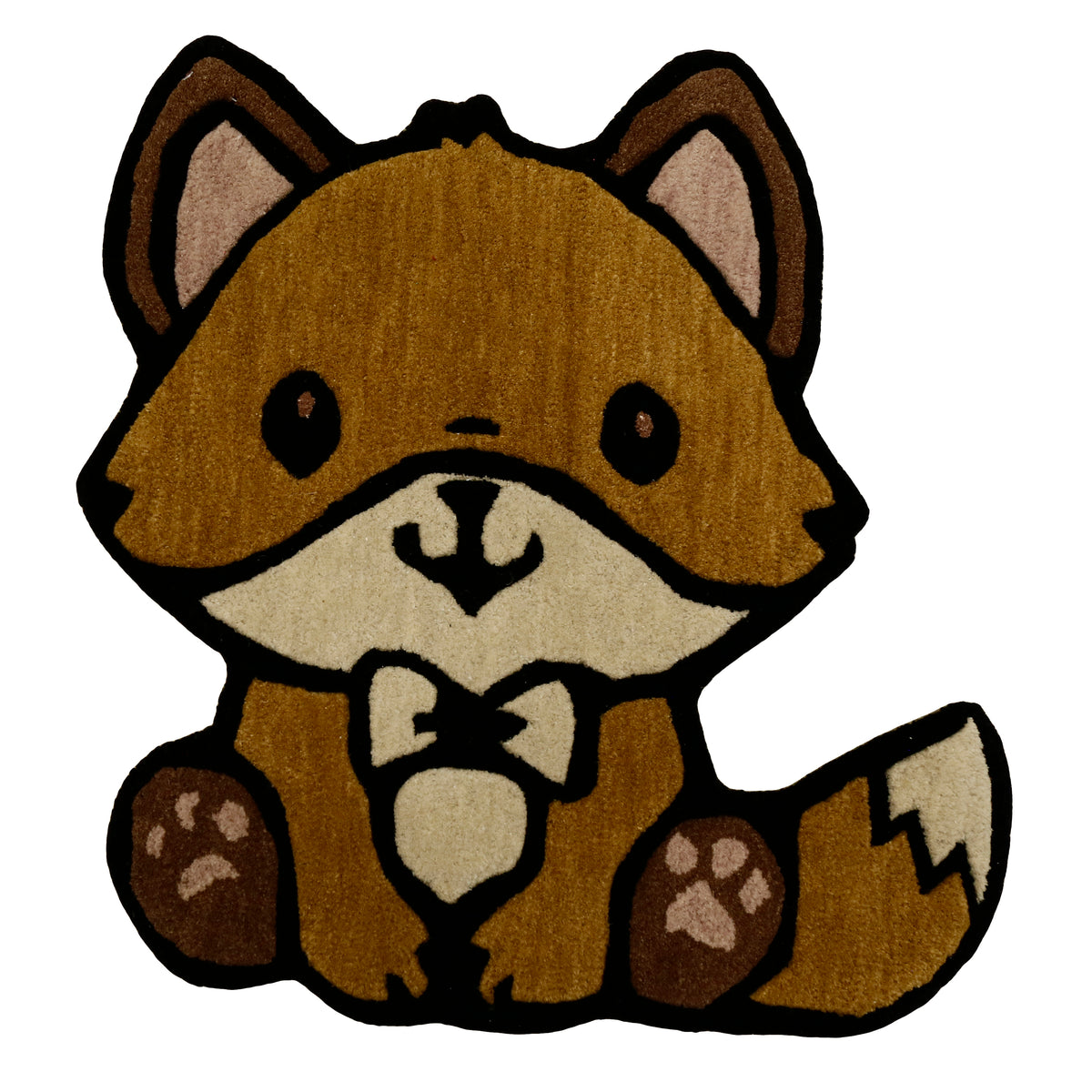Full view of brown fox shaped hand tufted wool kids rug featuring black outlines, cream details, cute paws and a curled tail.