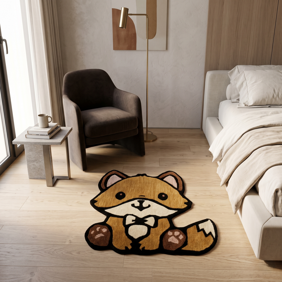 Brown fox hand tufted wool kids rug styled in a playful children’s bedroom with modern furniture and woodland-inspired decor.