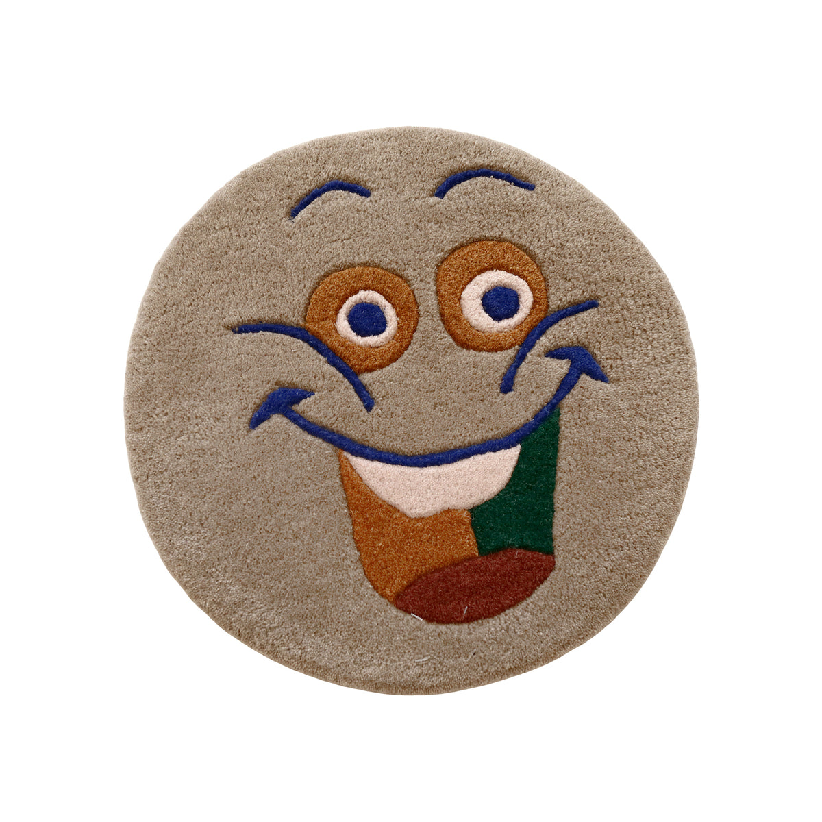 Full view of brown round hand tufted wool kids rug featuring a playful happy face with navy blue, caramel, cream, green and rust details.