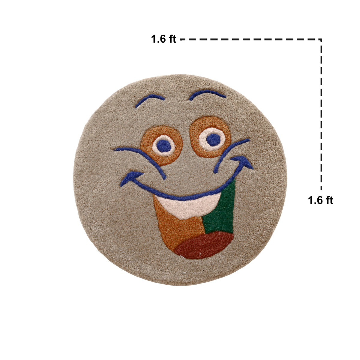 Close-up of brown happy face hand tufted wool kids rug highlighting its soft wool texture, plush pile and raised colourful facial details.