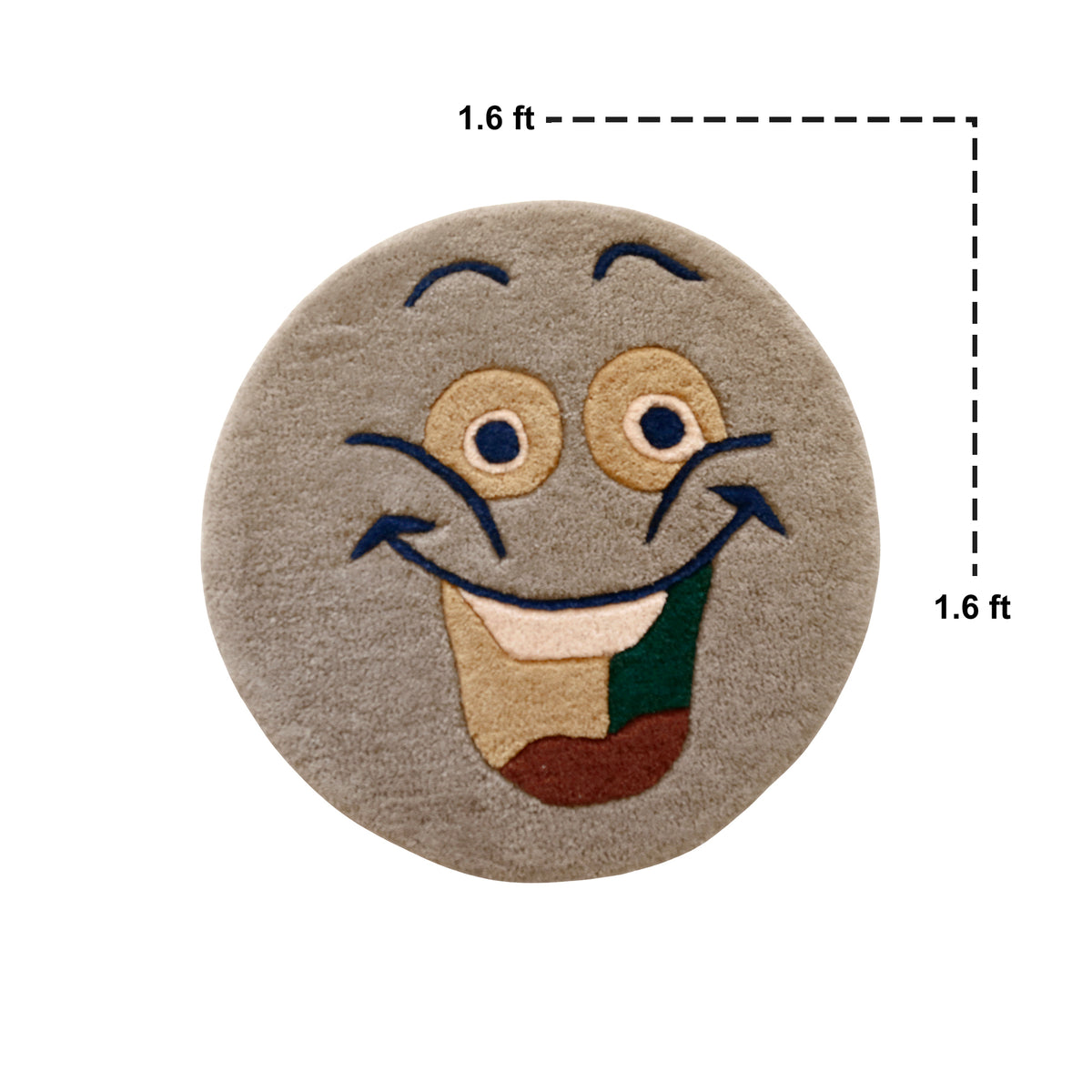 Close-up of brown smiley face hand tufted wool kids rug highlighting its soft wool texture, plush pile and raised colourful facial details.