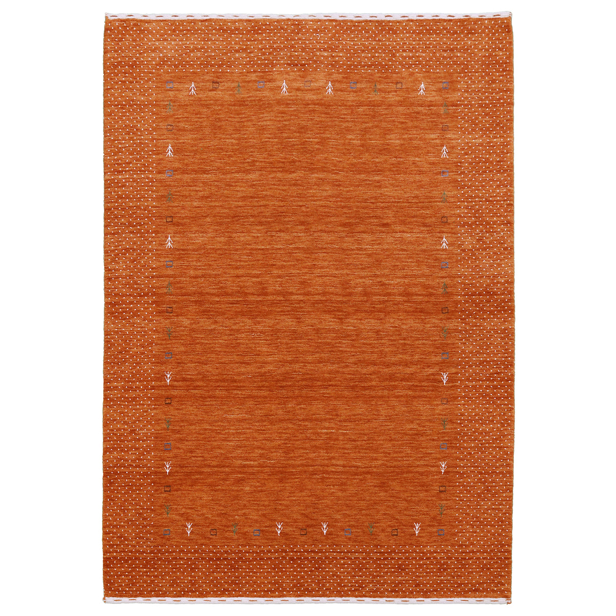Full view of burnt orange Hand Woven Loom Lori wool rug with spacious centre, tiny tribal symbols and dotted border