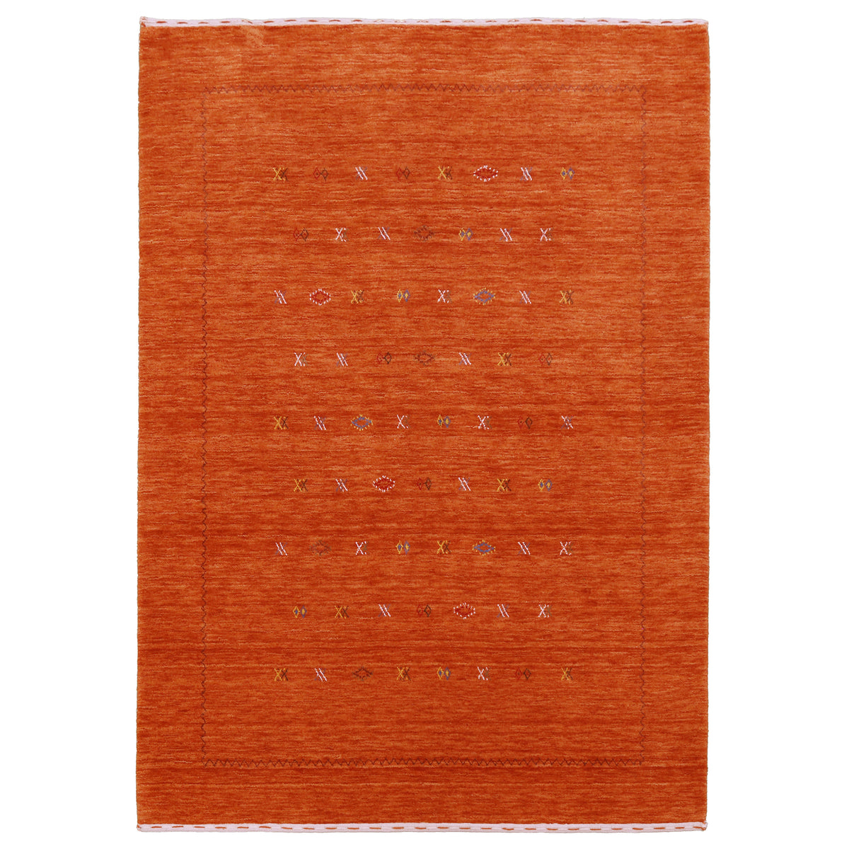 Full view of terracotta orange Hand Woven Loom Lori wool rug with horizontal rows of multicolour tribal geometric motifs
