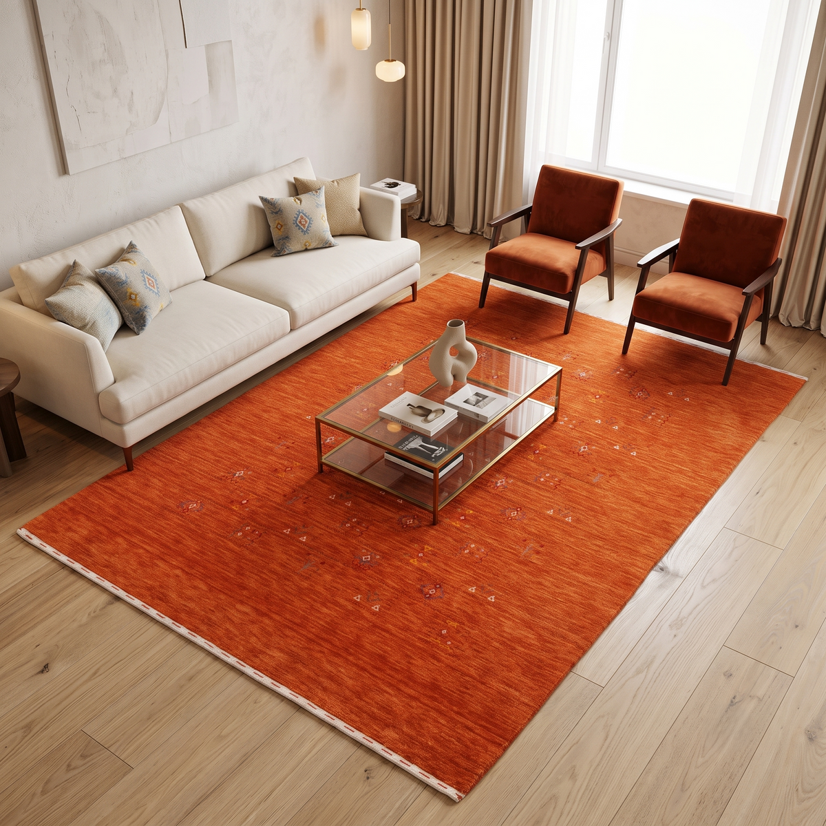 Burnt orange Hand Woven Loom Lori wool rug with scattered multicolour tribal motifs styled in a warm contemporary living room