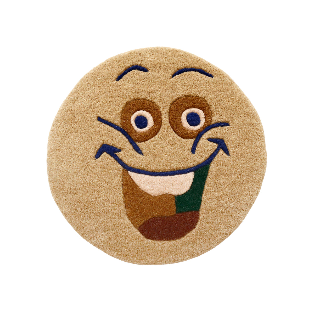 Full view of camel round hand tufted wool kids rug featuring a cheerful smiley face with navy blue, brown, cream, green and rust details.