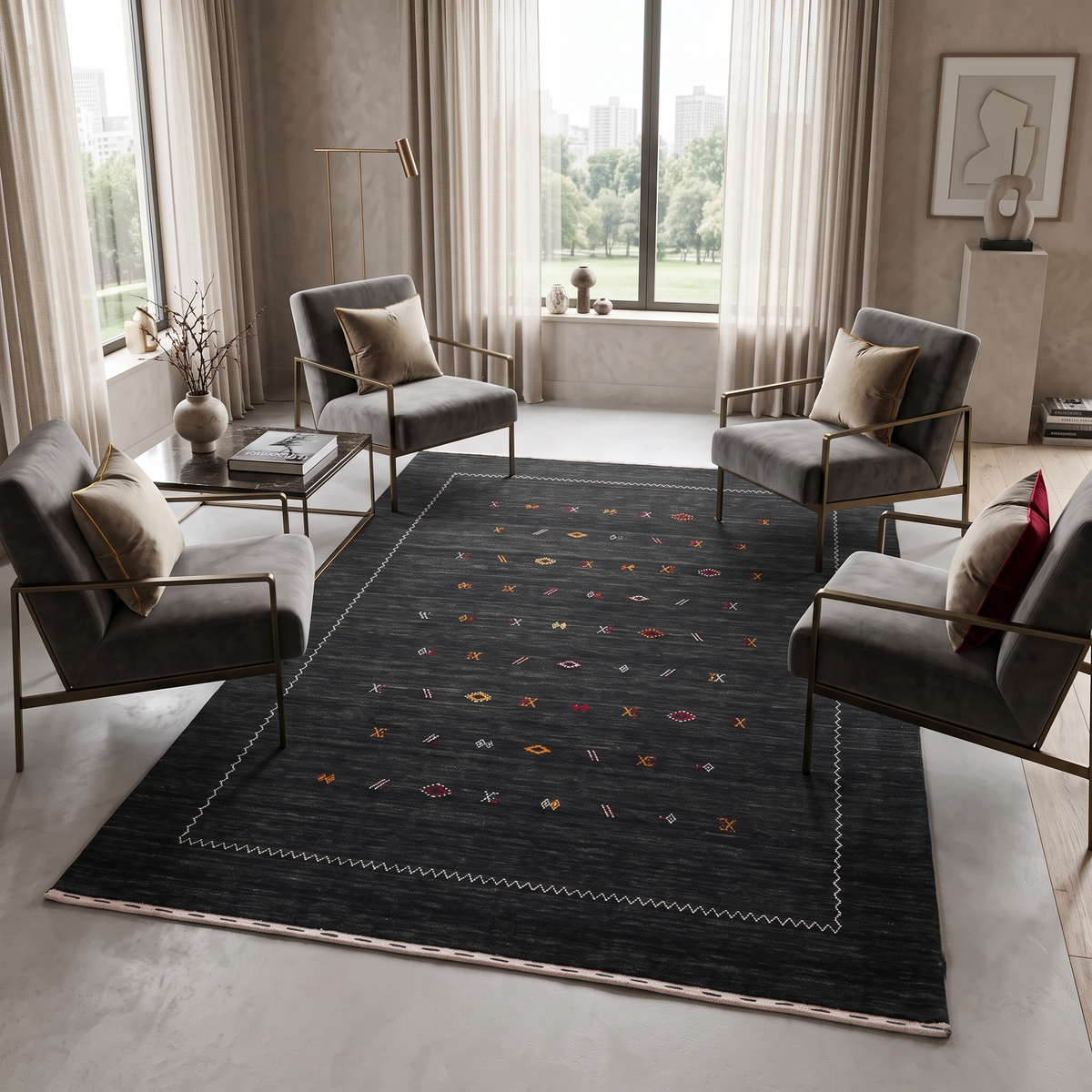 Charcoal black Hand Woven Loom Lori wool rug with scattered tribal motifs and ivory zigzag border styled in a modern living room