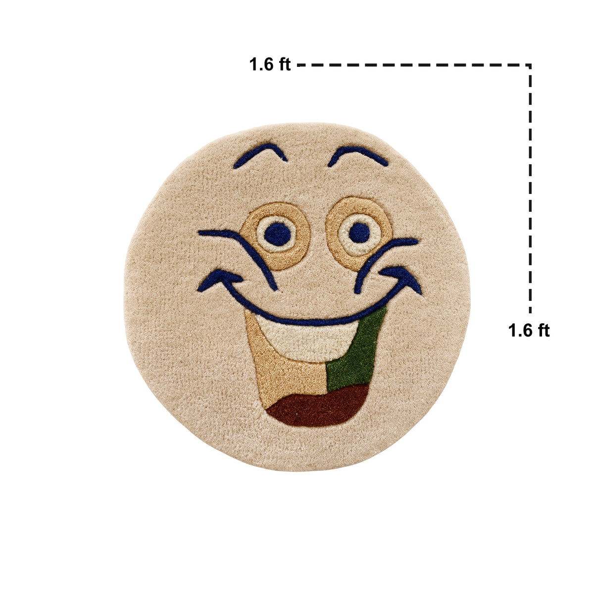 Close-up of cream cheerful face hand tufted wool kids rug highlighting its soft wool texture, plush pile and raised colourful facial details.