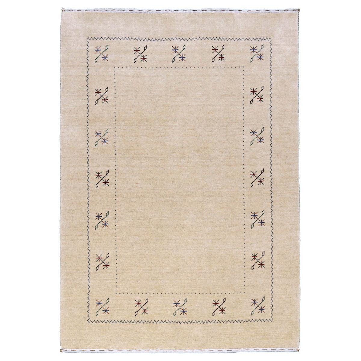 Full view of cream Hand Woven Loom Lori wool rug with multicolour floral motifs and delicate geometric border